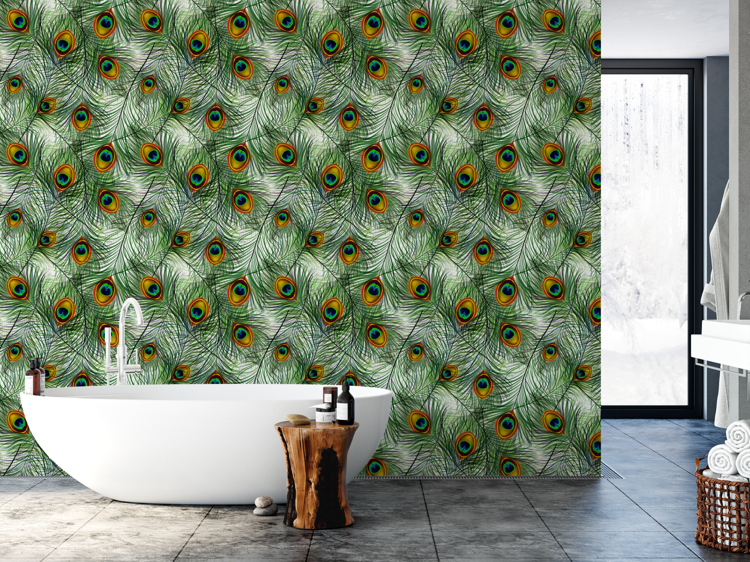 Vibrant Peacock Feather Peel and Stick Wallpaper, Bold Green Exotic Nature Wall Mural, Maximalist Bathroom Decor