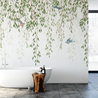 Watercolor Willow Branches and Birds Peel and Stick Wallpaper, Serene Nature Bathroom Wall Mural
