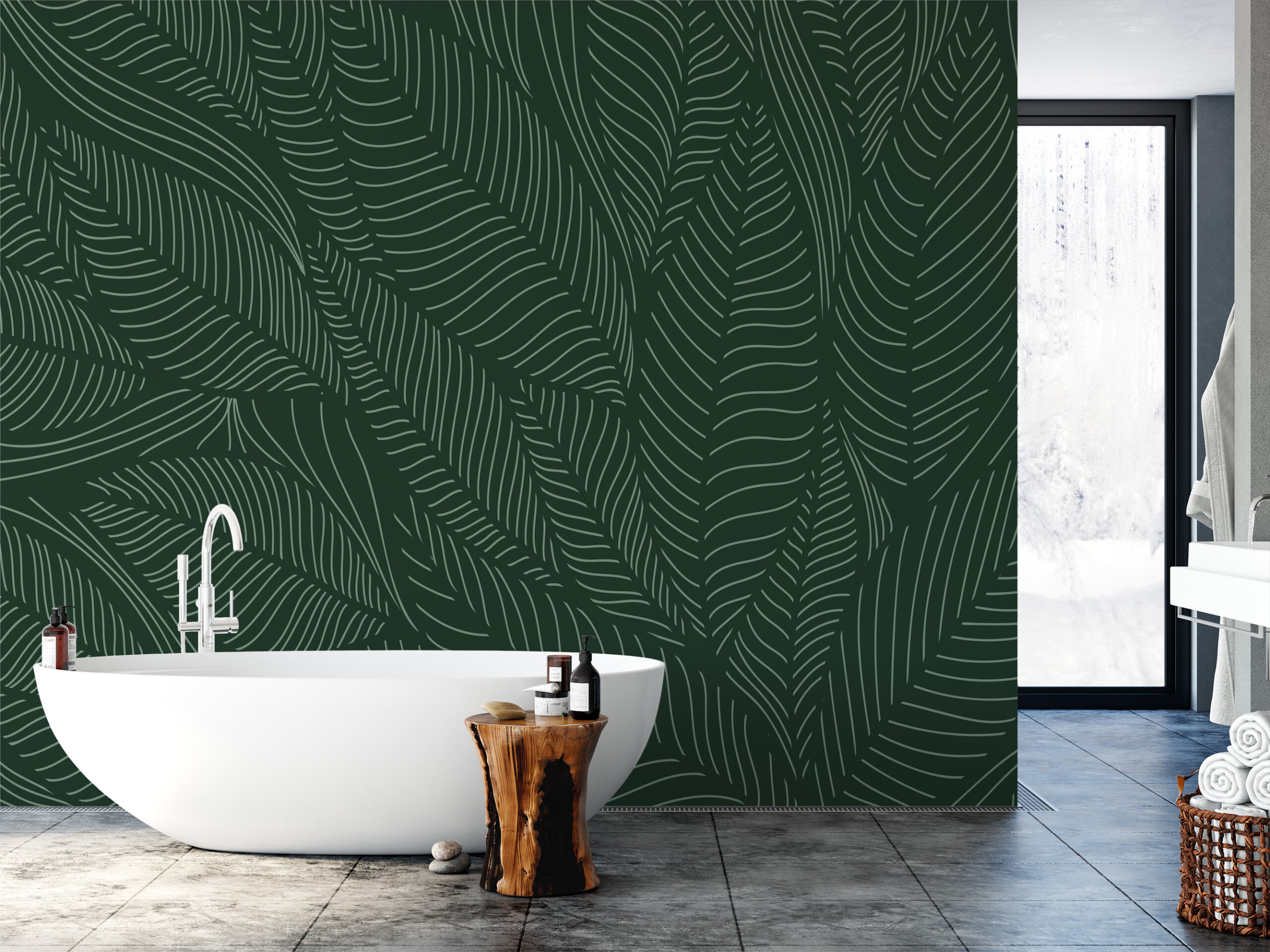 Luxury Deep Forest Green Tropical Leaf Line Art Peel and Stick Wallpaper, Modern Botanical Bathroom Wall Mural