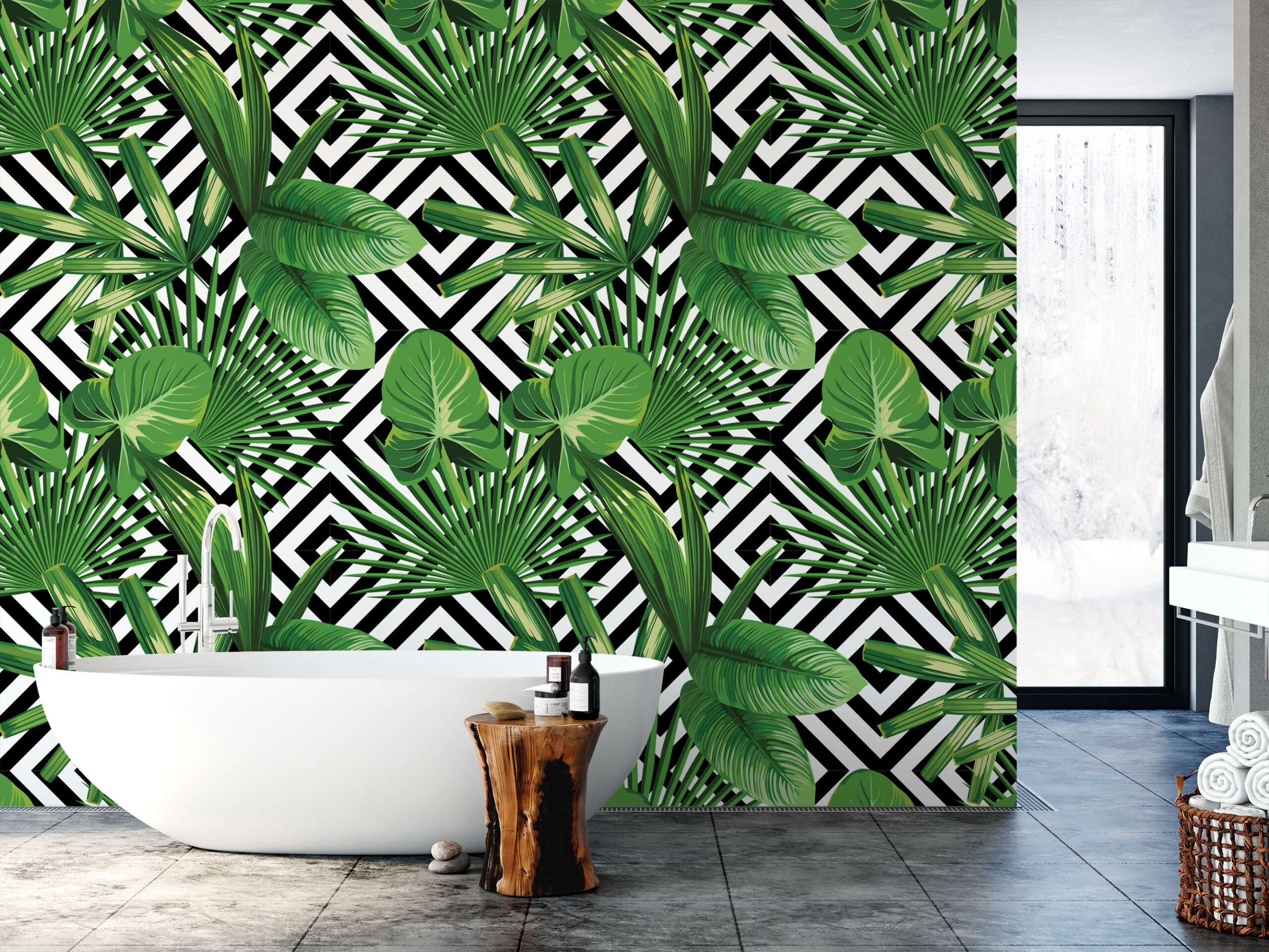 Modern Tropical Green Leaves and Geometric Diamond Peel and Stick Wallpaper, Bold Botanical Wall Mural