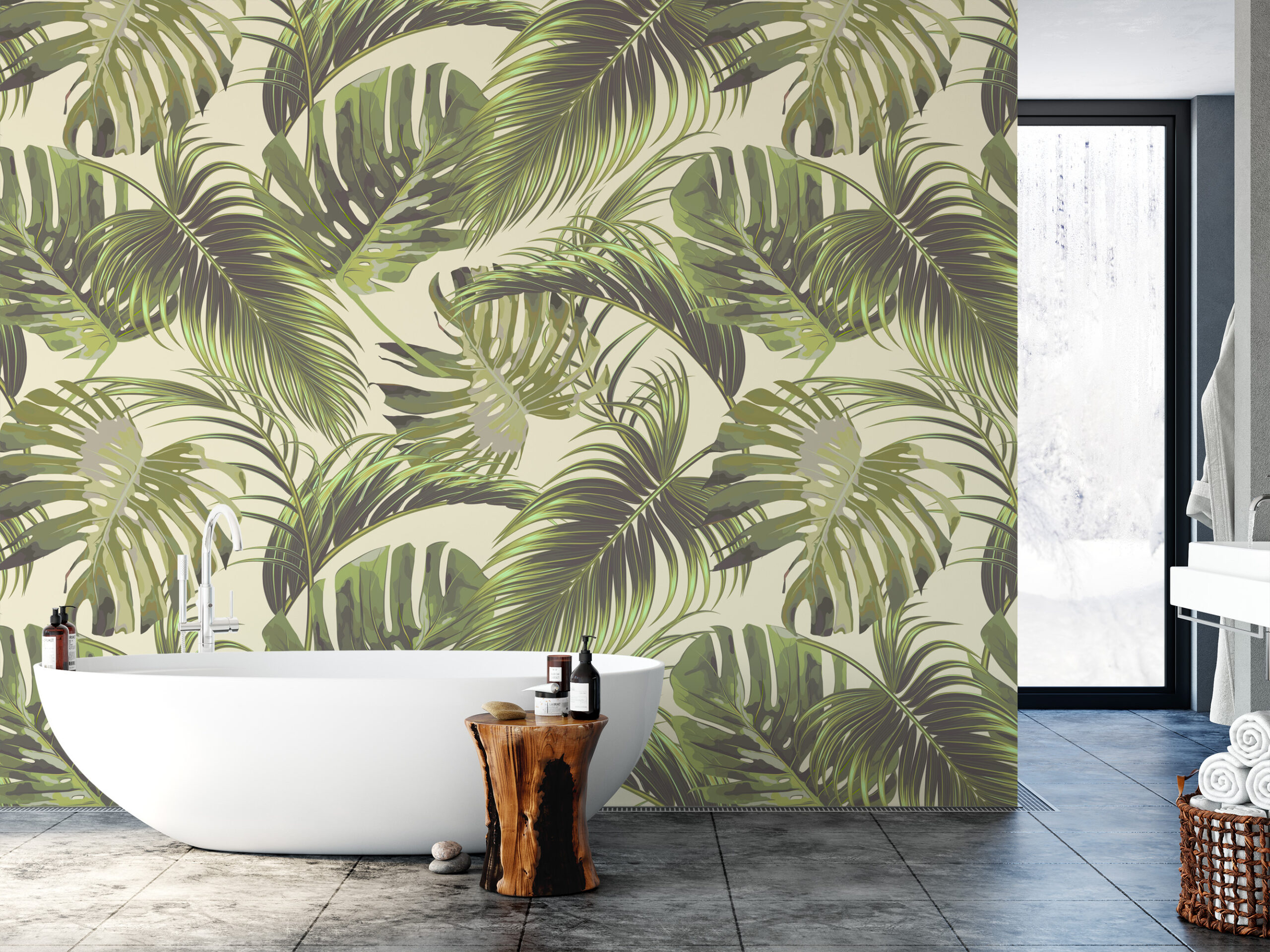 Modern Cream and Green Monstera Palm Leaf Peel and Stick Wallpaper, Large Scale Tropical Botanical Wall Mural