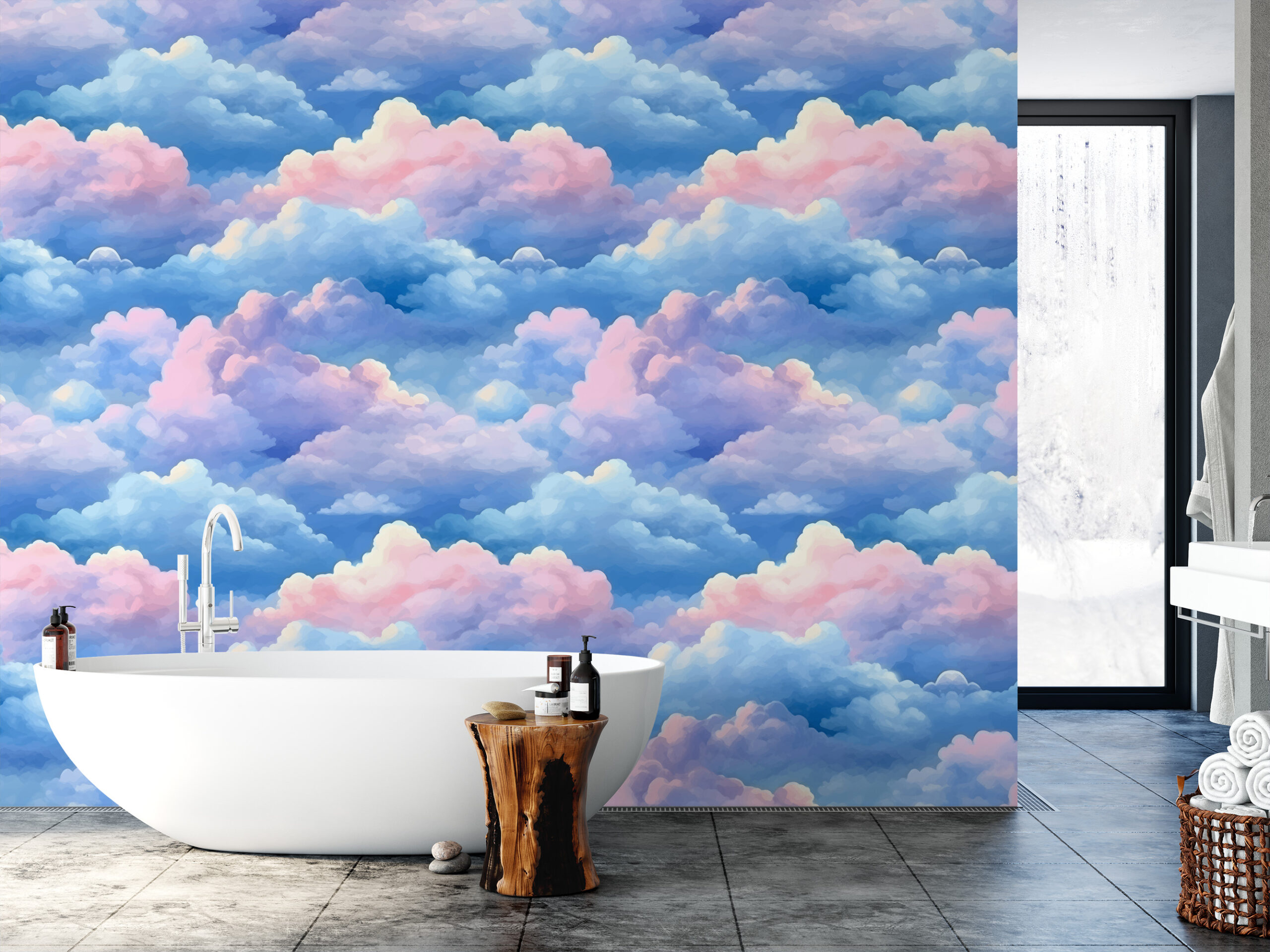 Modern Watercolor Pink and Blue Cloud Peel and Stick Wallpaper, Whimsical Dreamy Sky Wall Mural