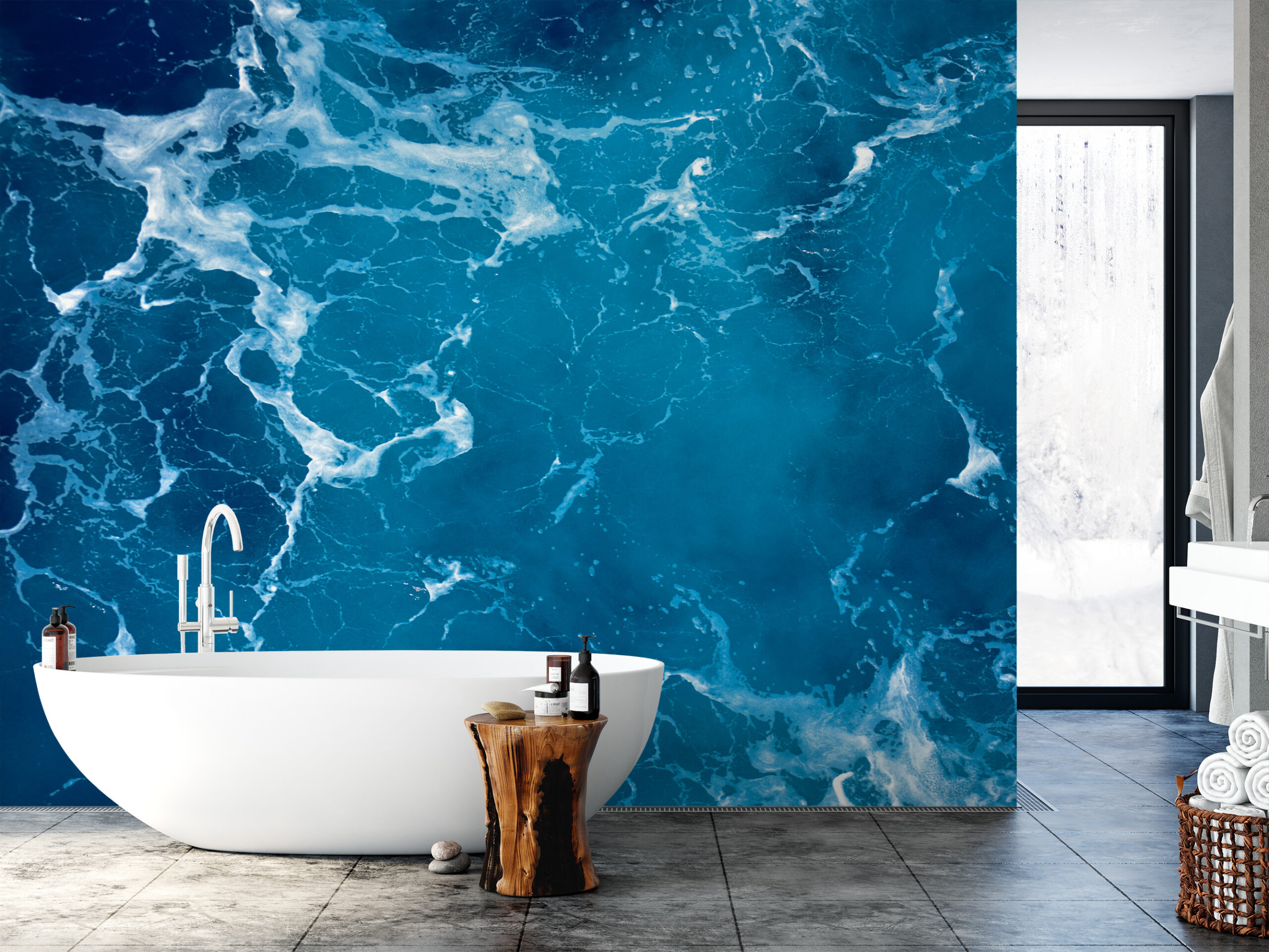 Modern Deep Blue Ocean Splash Peel and Stick Wallpaper, Nautical Sea Foam Bathroom Wall Mural