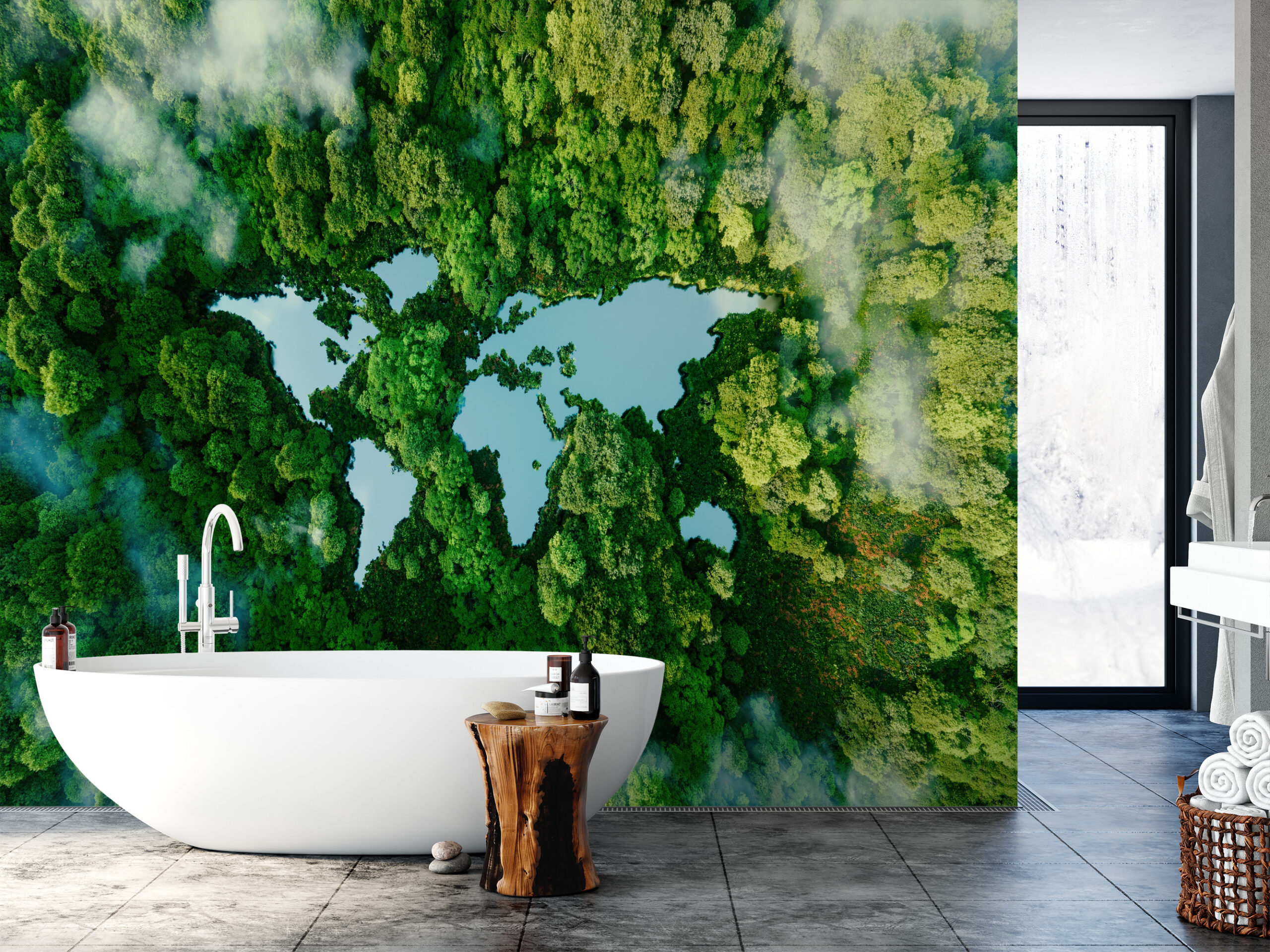 Modern Forest World Map Peel and Stick Wallpaper, Lush Green Global Nature Bathroom Wall Mural