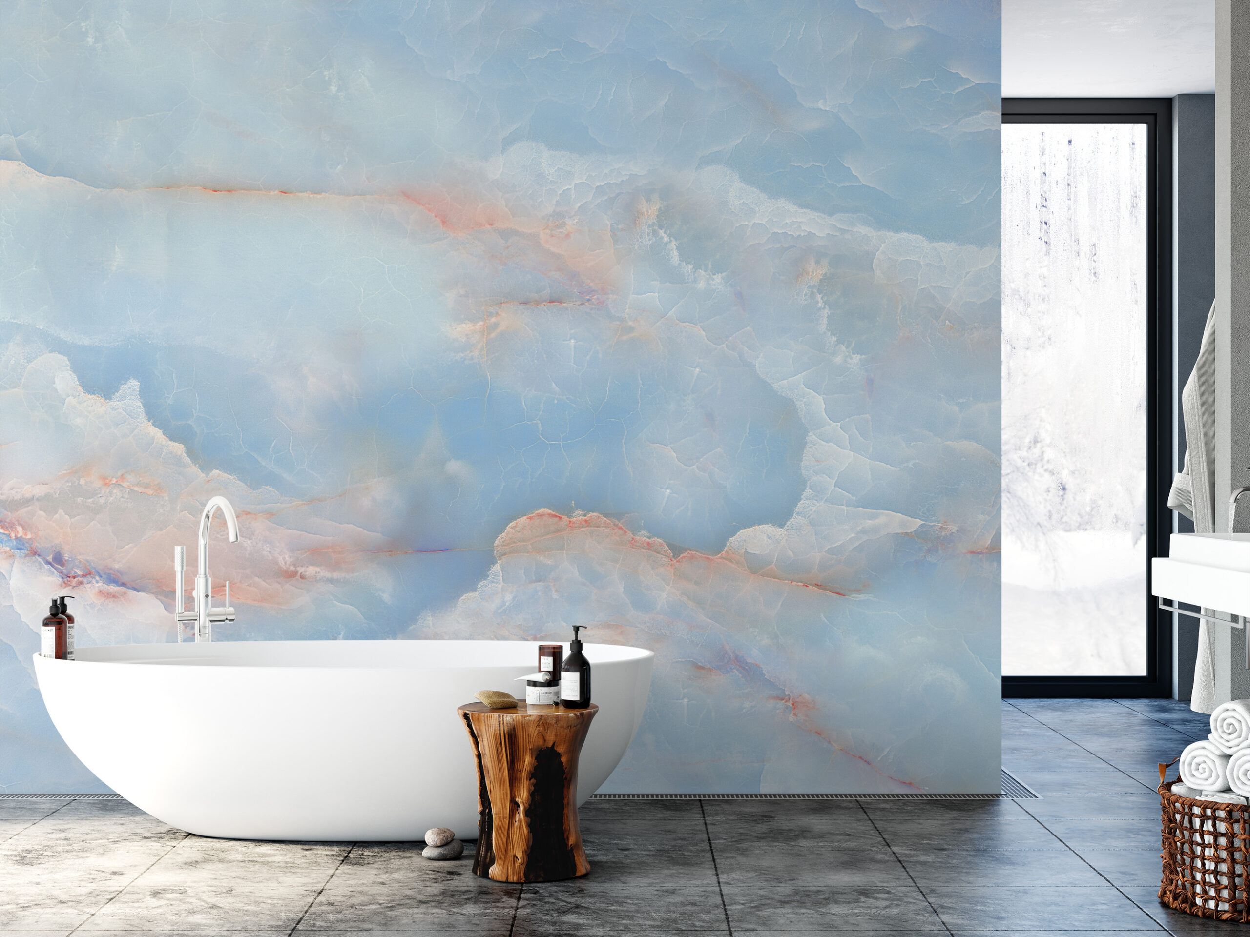 Luxury Blue Onyx Marble Peel and Stick Wallpaper, Abstract Azure Stone Wall Mural, Heavenly Blue and Copper Interior Decor