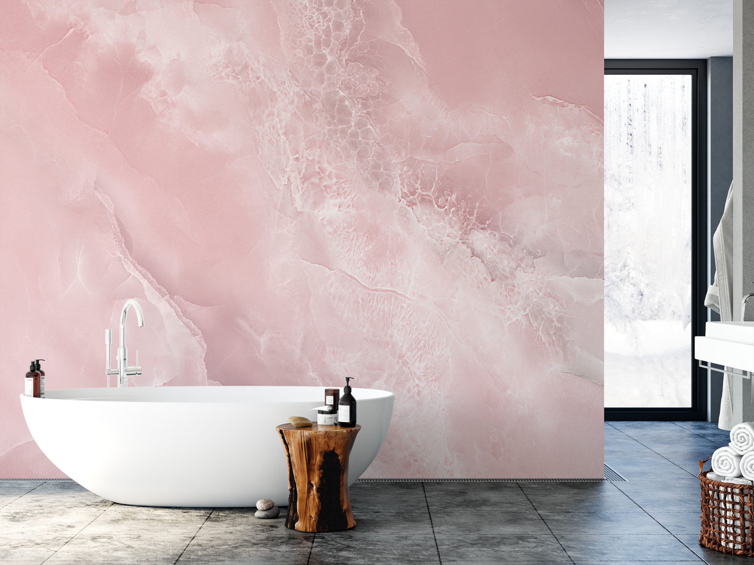 Blush Pink Onyx Marble Peel and Stick Wallpaper, Ethereal Rose Watercolor Faux Stone Mural, Elegant Glam Bathroom Decor