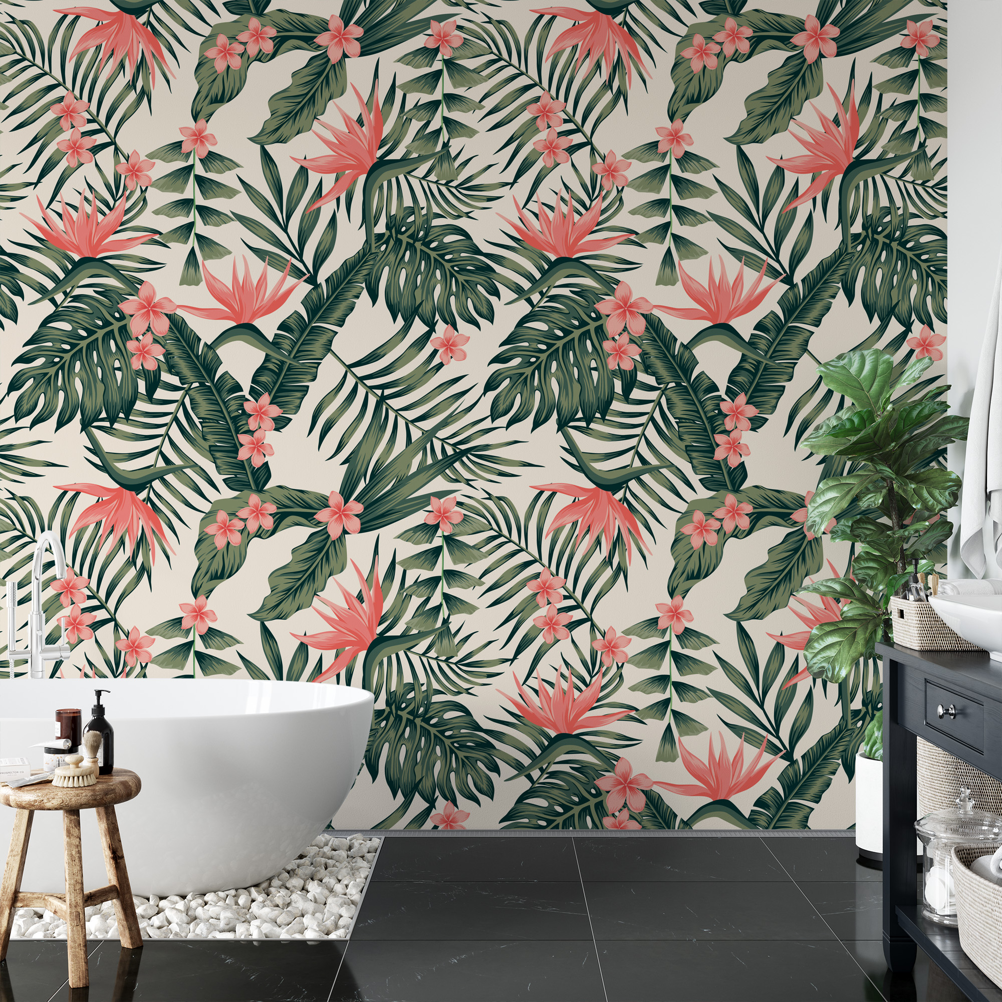 Modern Pink and Green Bird of Paradise Tropical Peel and Stick Wallpaper, Bold Botanical Monstera Wall Mural