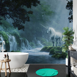 Modern Enchanted Unicorn and Waterfall Peel and Stick Wallpaper, Mystical Forest Nature Wall Mural