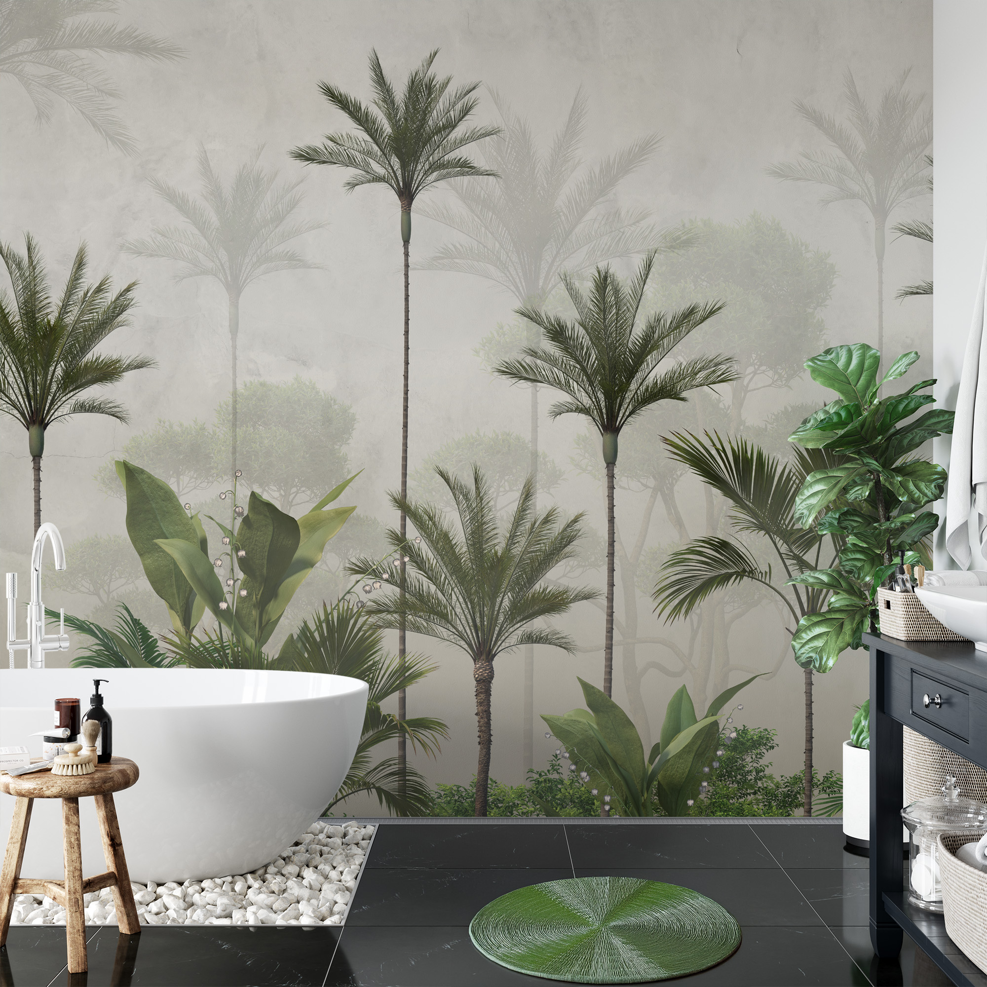 Modern Misty Tropical Palm Tree Peel and Stick Wallpaper, Serene Jungle Nature Bathroom Wall Mural