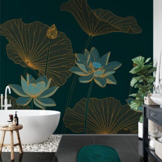 Emerald Green and Gold Lotus Peel and Stick Wallpaper, Luxury Zen Water Lily Wall Mural, Modern Teal Floral Art Decor