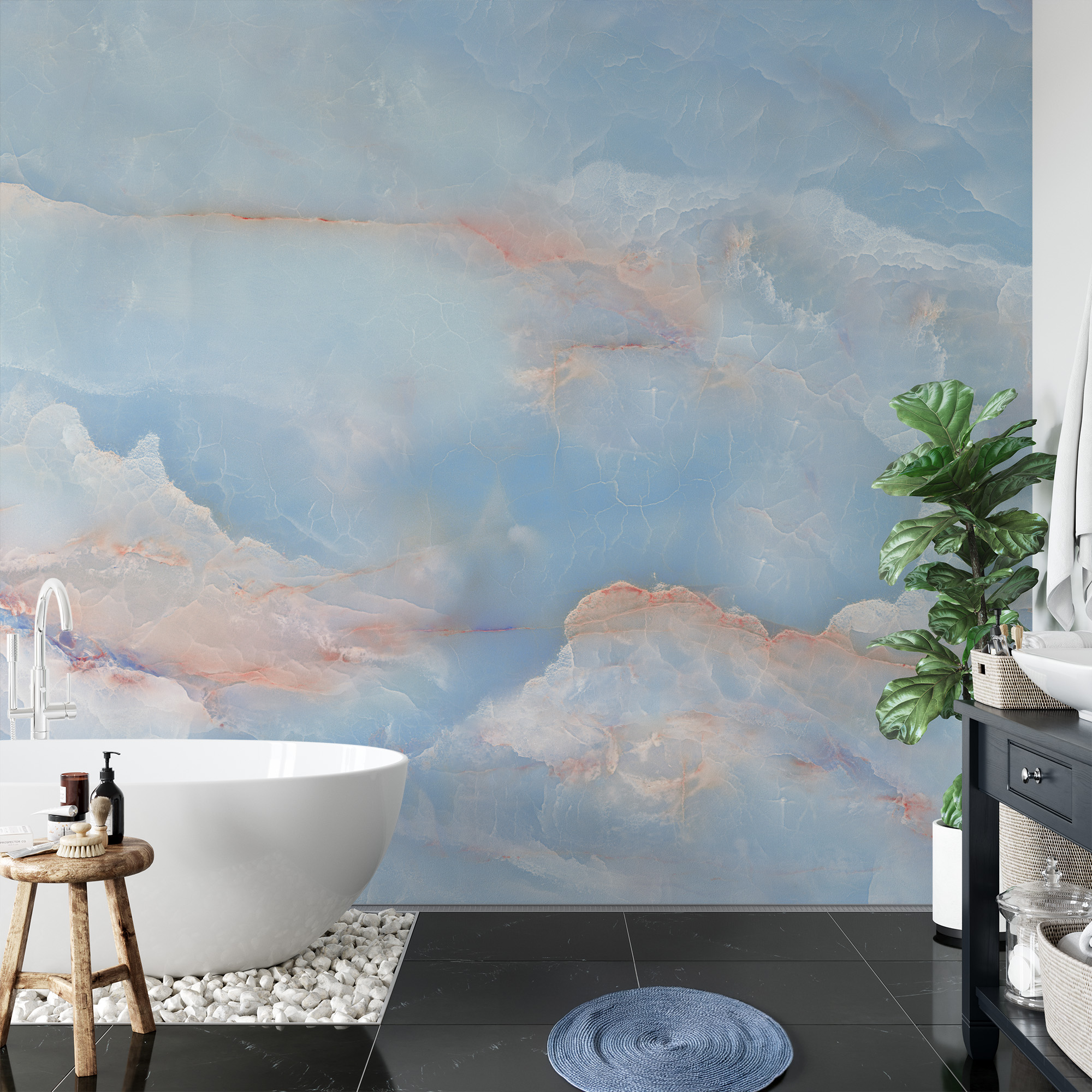 Luxury Blue Onyx Marble Peel and Stick Wallpaper, Abstract Azure Stone Wall Mural, Heavenly Blue and Copper Interior Decor