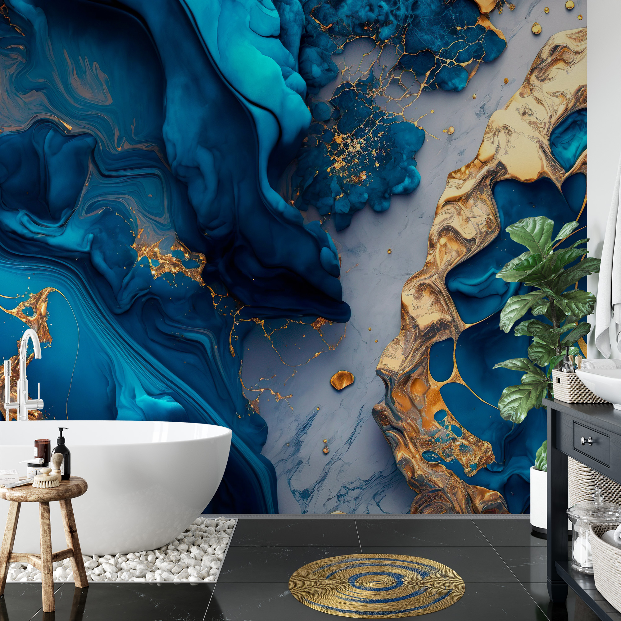 Luxury Teal and Gold Fluid Ink Peel and Stick Wallpaper, Abstract Ocean Blue Wall Mural, Modern Artistic Interior Decor