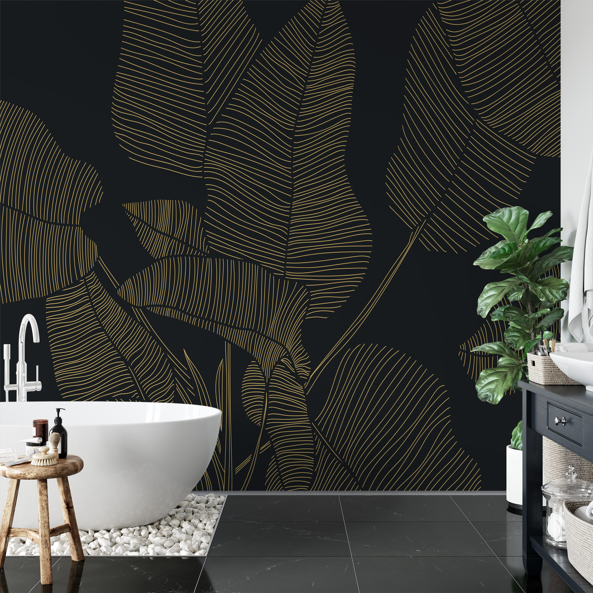 Luxury Black and Gold Tropical Leaves Line Art Peel and Stick Wallpaper, Modern Art Deco Botanical Wall Mural