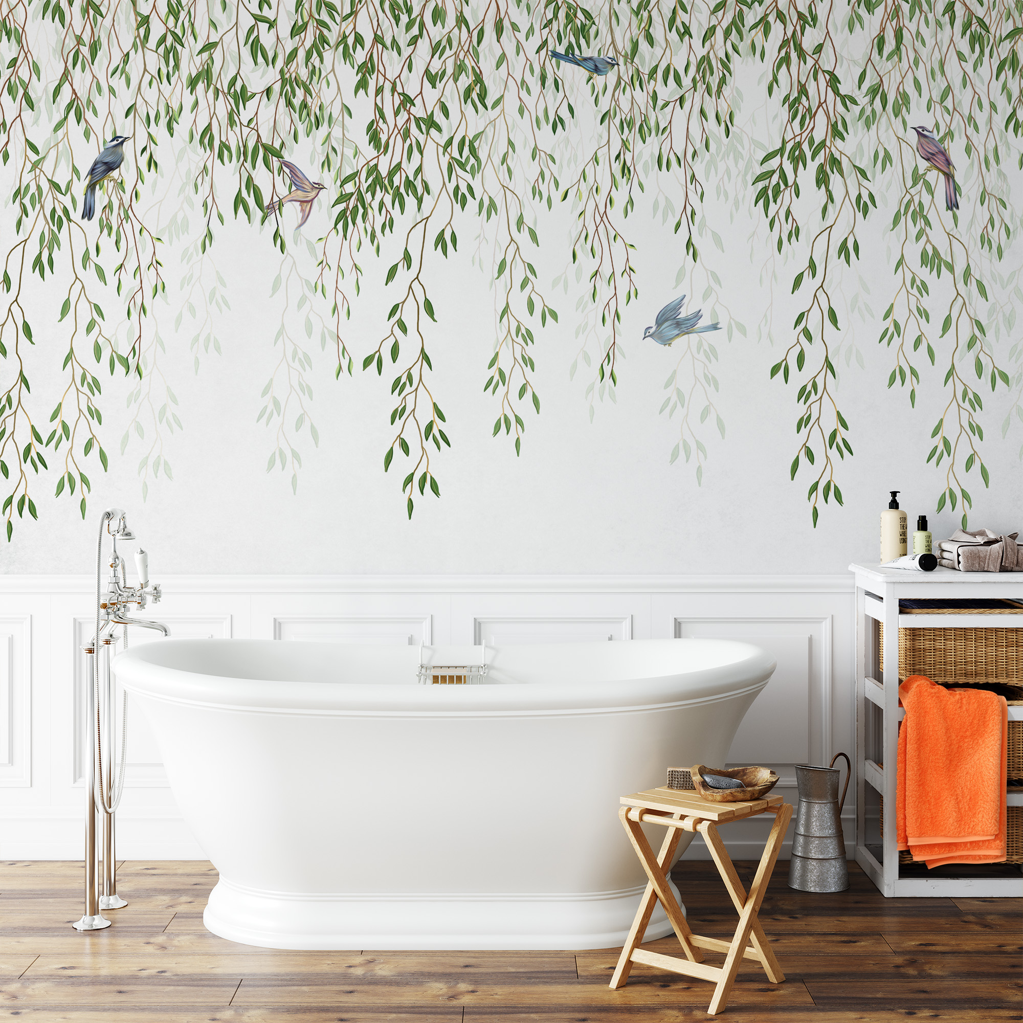 Watercolor Willow Branches and Birds Peel and Stick Wallpaper, Serene Nature Bathroom Wall Mural