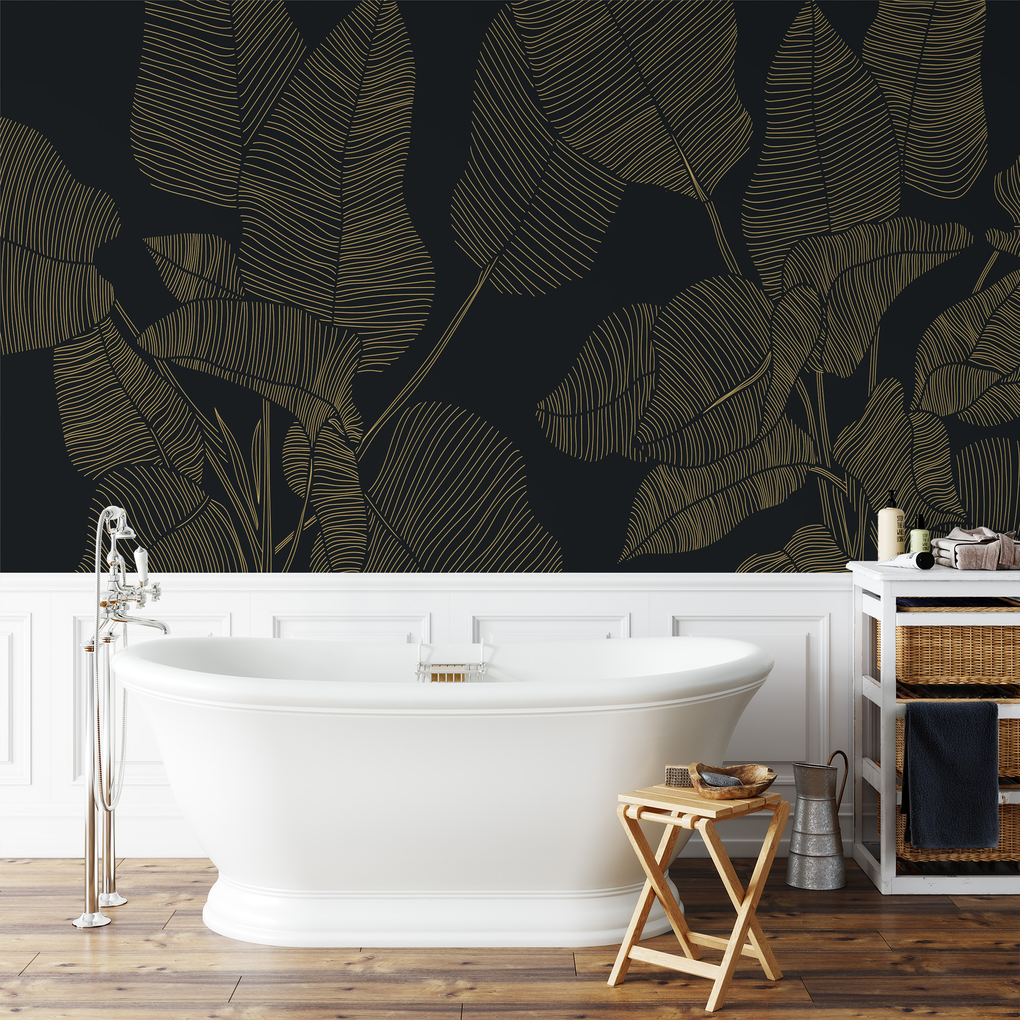 Luxury Black and Gold Tropical Leaves Line Art Peel and Stick Wallpaper, Modern Art Deco Botanical Wall Mural