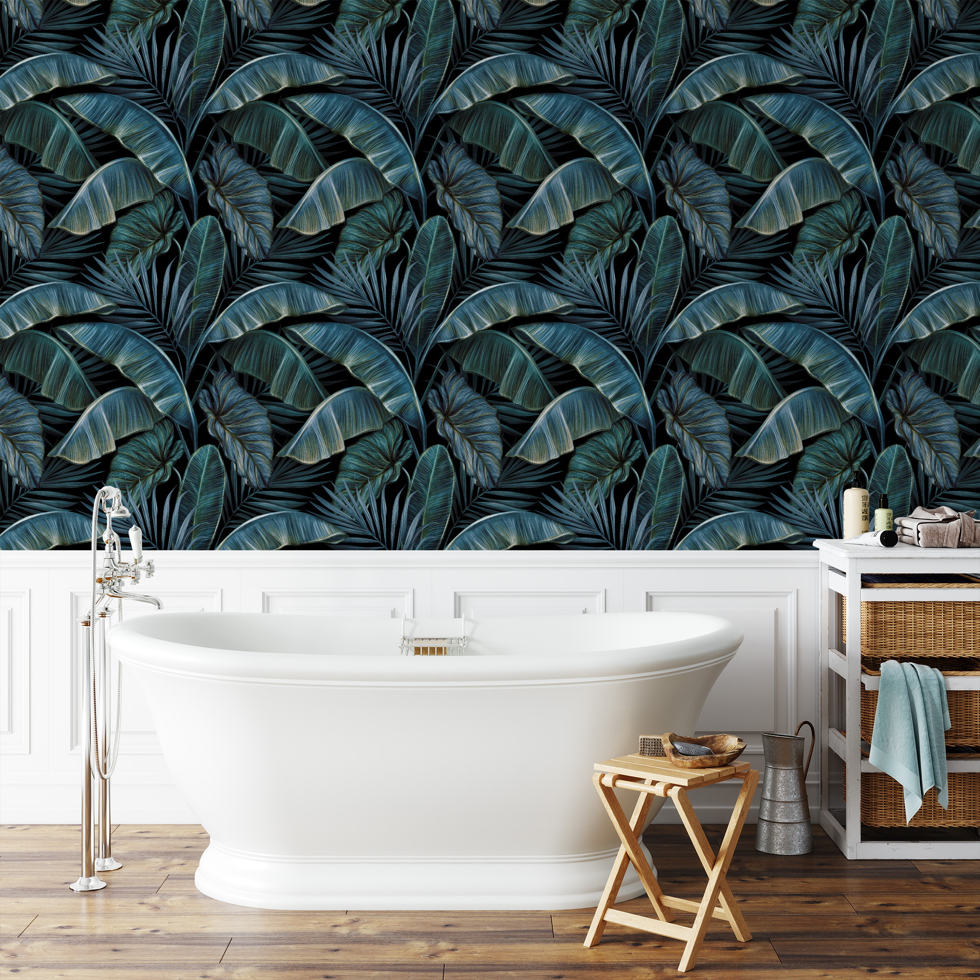 Luxury Moody Dark Teal and Navy Tropical Leaf Peel and Stick Wallpaper, Bold Botanical Palm Wall Mural