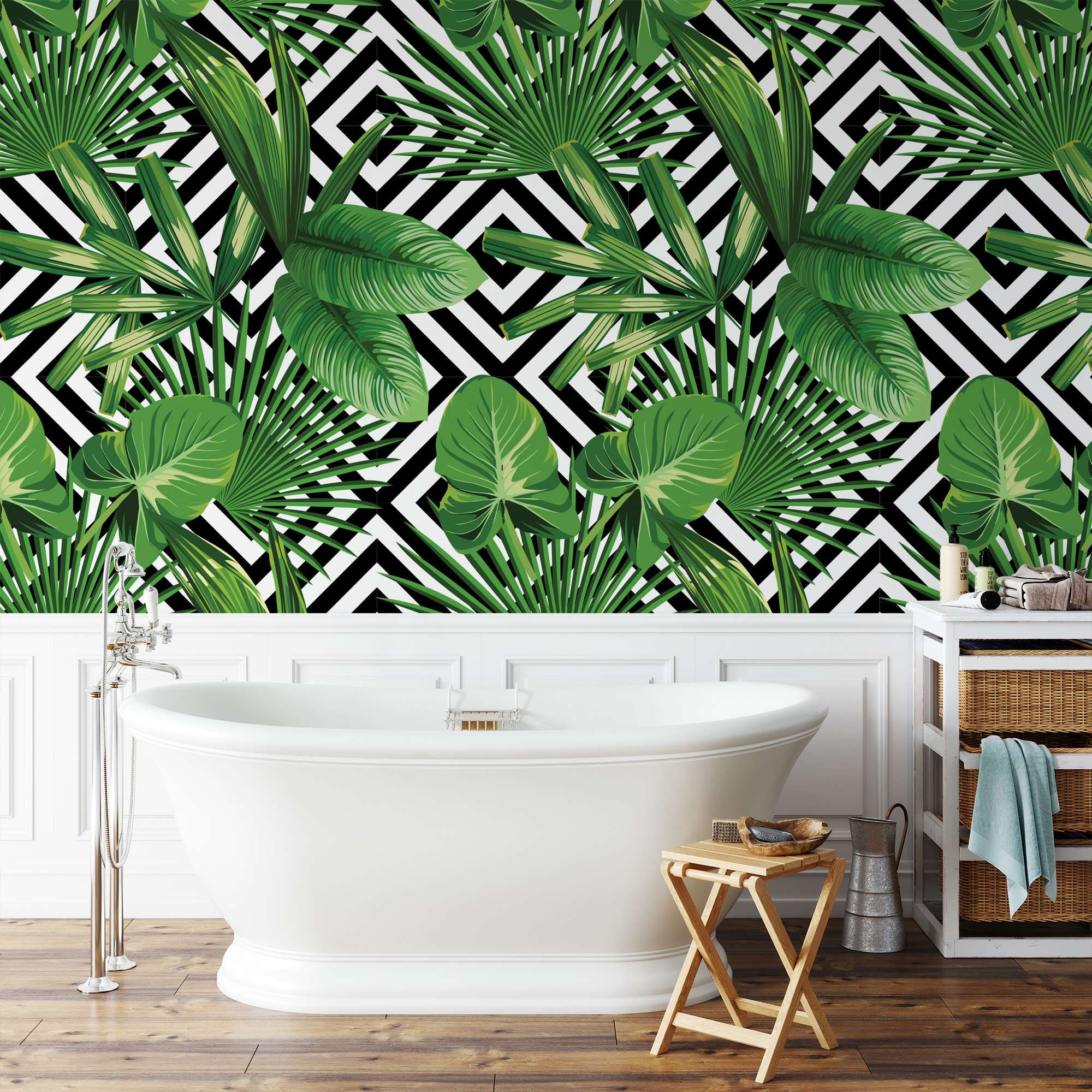 Modern Tropical Green Leaves and Geometric Diamond Peel and Stick Wallpaper, Bold Botanical Wall Mural