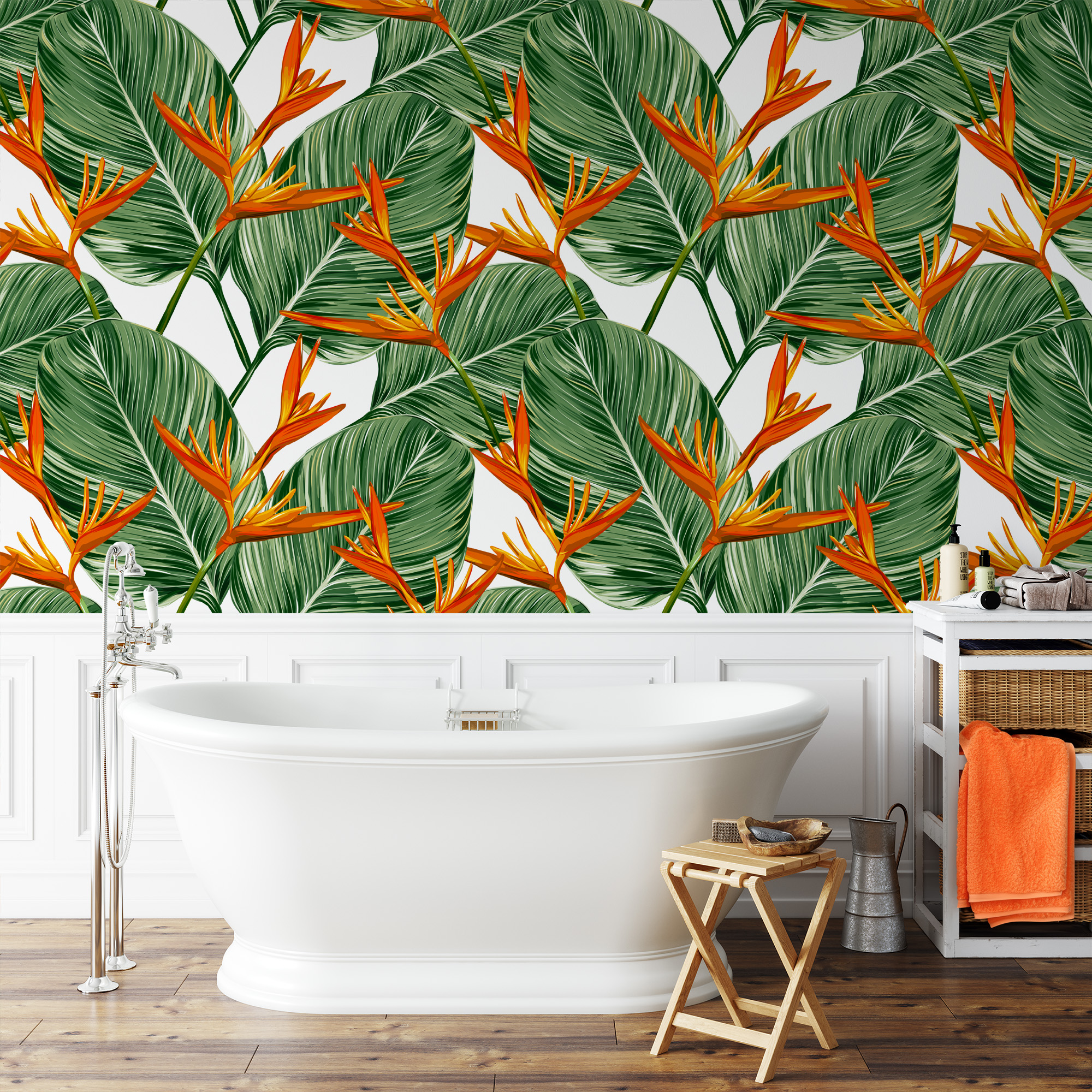 Modern Tropical Bird of Paradise Leaf Peel and Stick Wallpaper, Bold Green and Orange Botanical Wall Mural