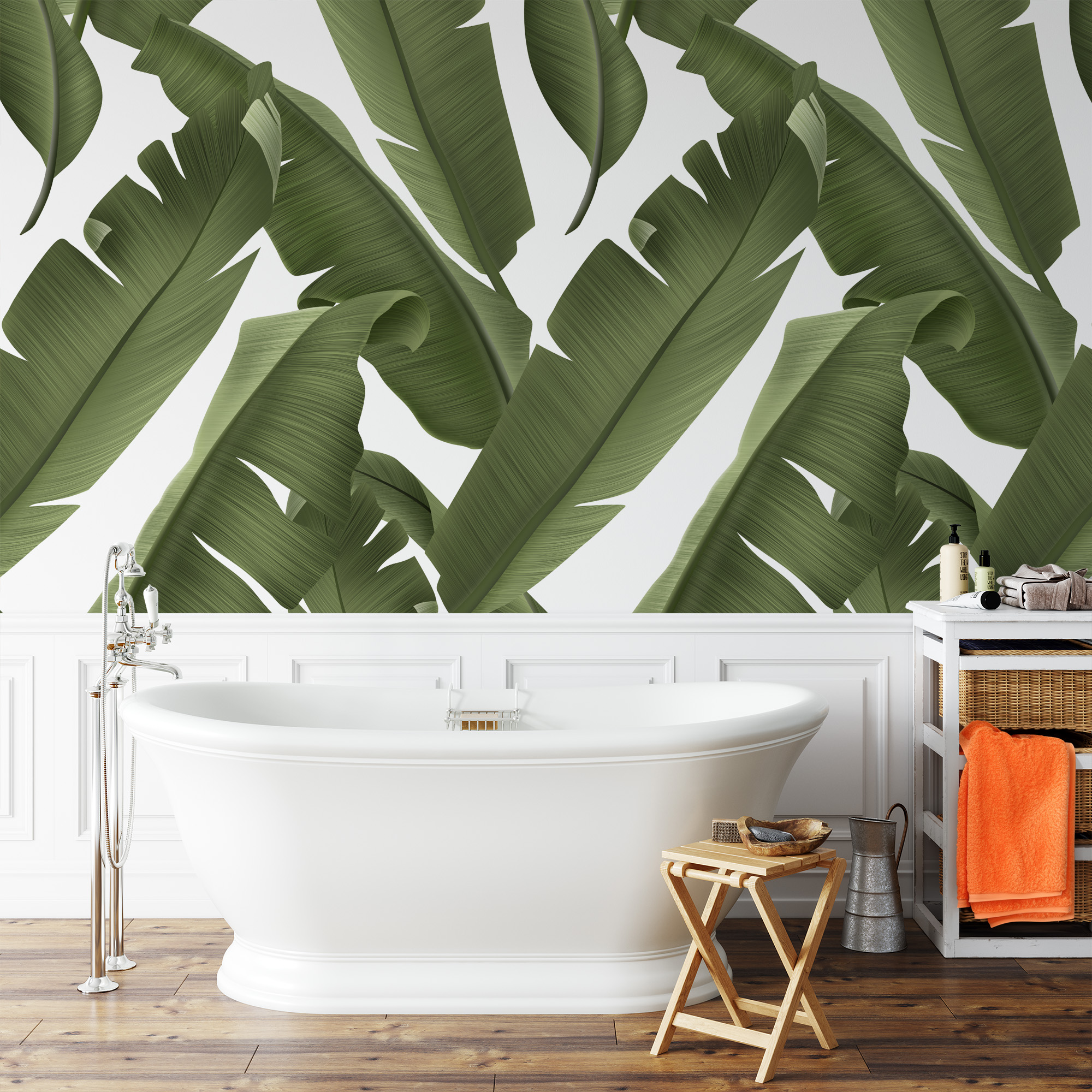 Modern Green Banana Leaf Peel and Stick Wallpaper, Large Scale Tropical Botanical Living Room Wall Mural