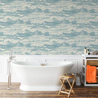 Modern Blue Japanese Wave Peel and Stick Wallpaper, Nautical Ocean Kids Room Wall Mural