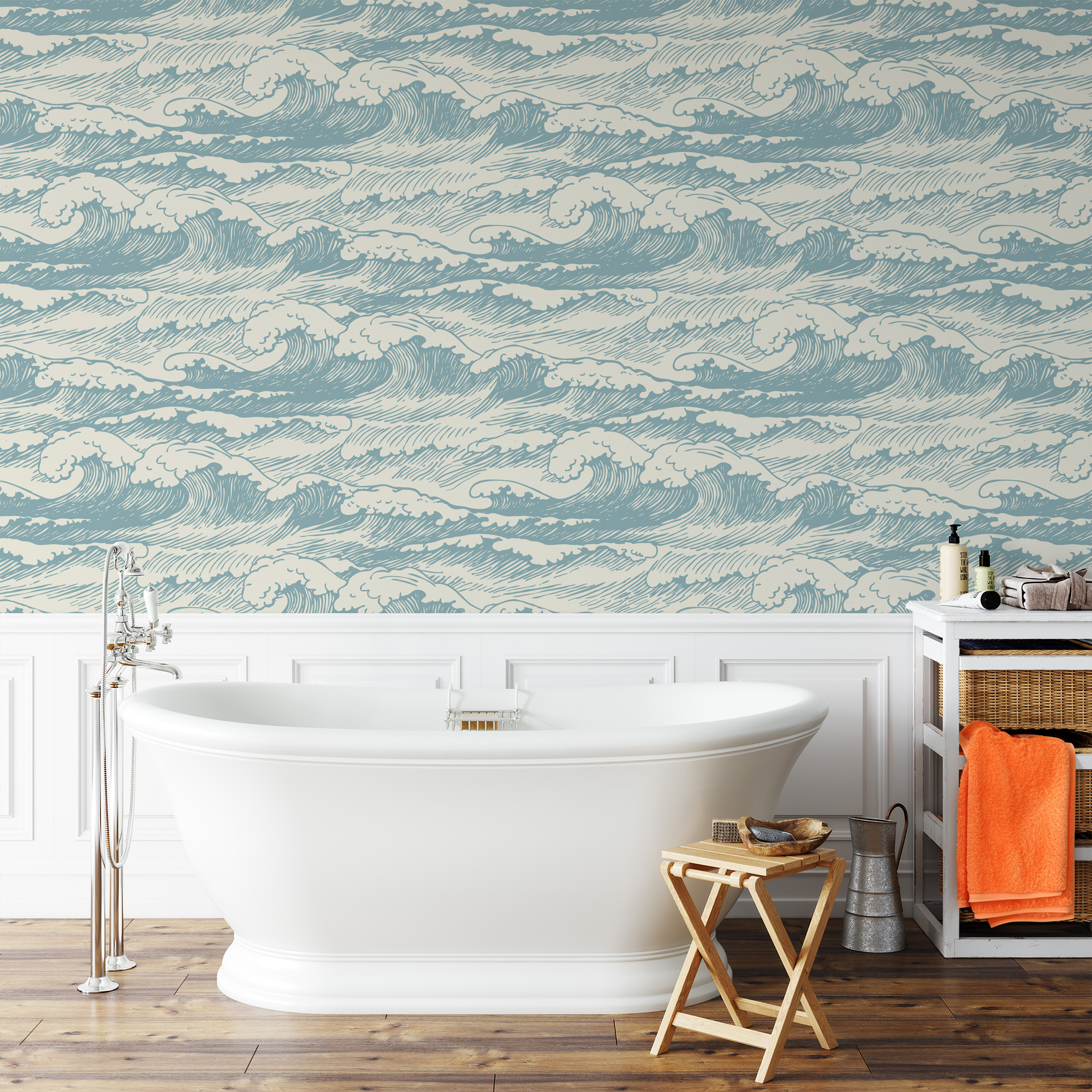 Modern Blue Japanese Wave Peel and Stick Wallpaper, Nautical Ocean Kids Room Wall Mural