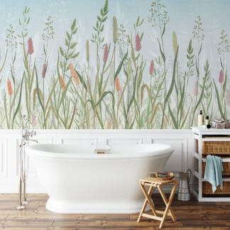 Serene Wild Grass and Meadow Peel and Stick Wallpaper, Light Blue Botanical Wall Mural, Watercolor Reeds Removable Wall Decor