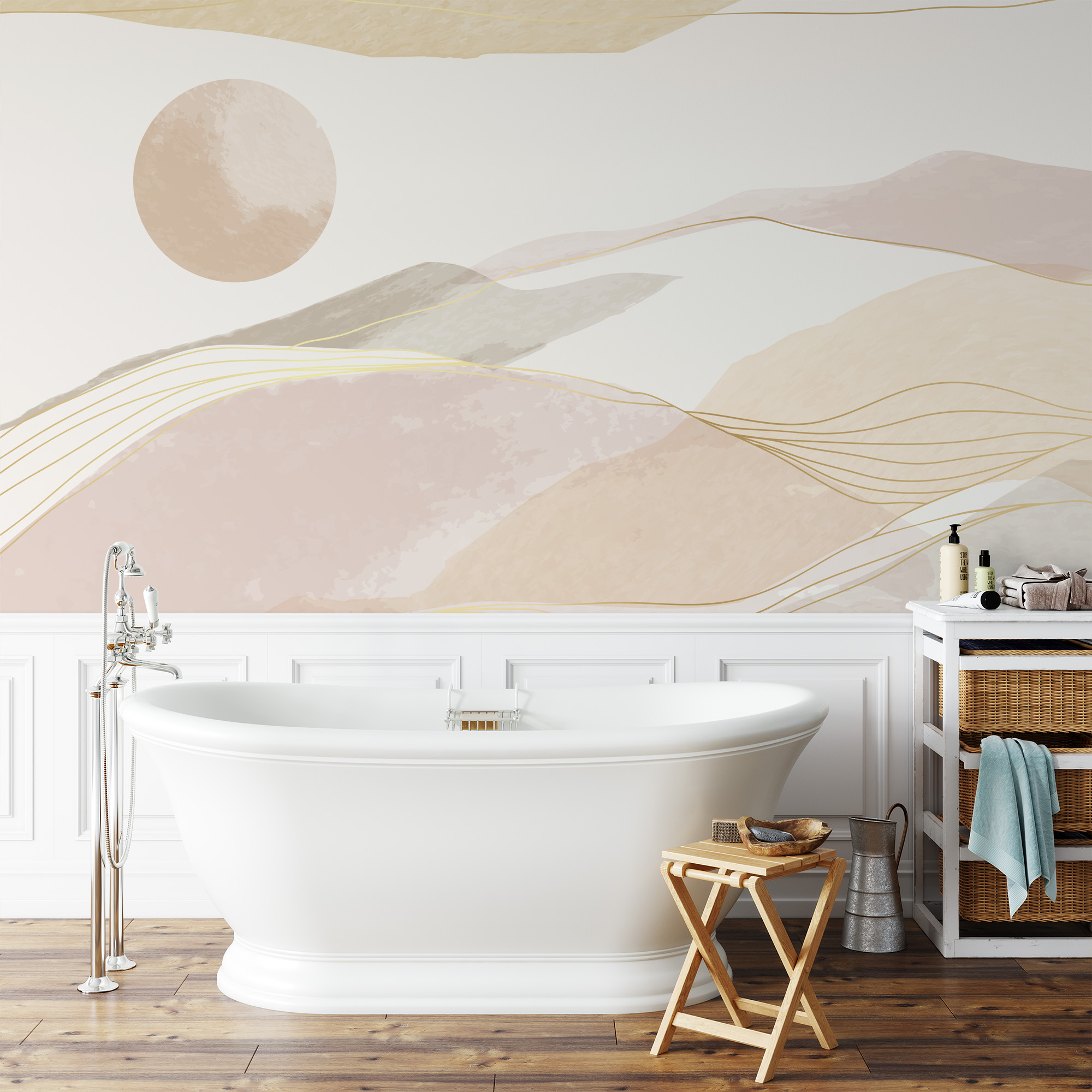 Modern Minimalist Abstract Mountain Landscape Peel and Stick Wallpaper, Soft Blush and Gold Sun Wall Mural