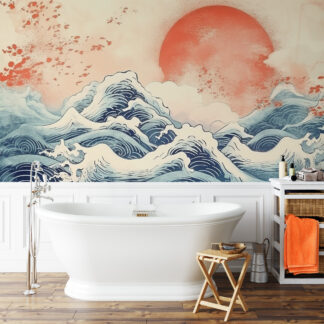 Modern Red Sun and Japanese Waves Peel and Stick Wallpaper, Oriental Ocean Nature Wall Mural