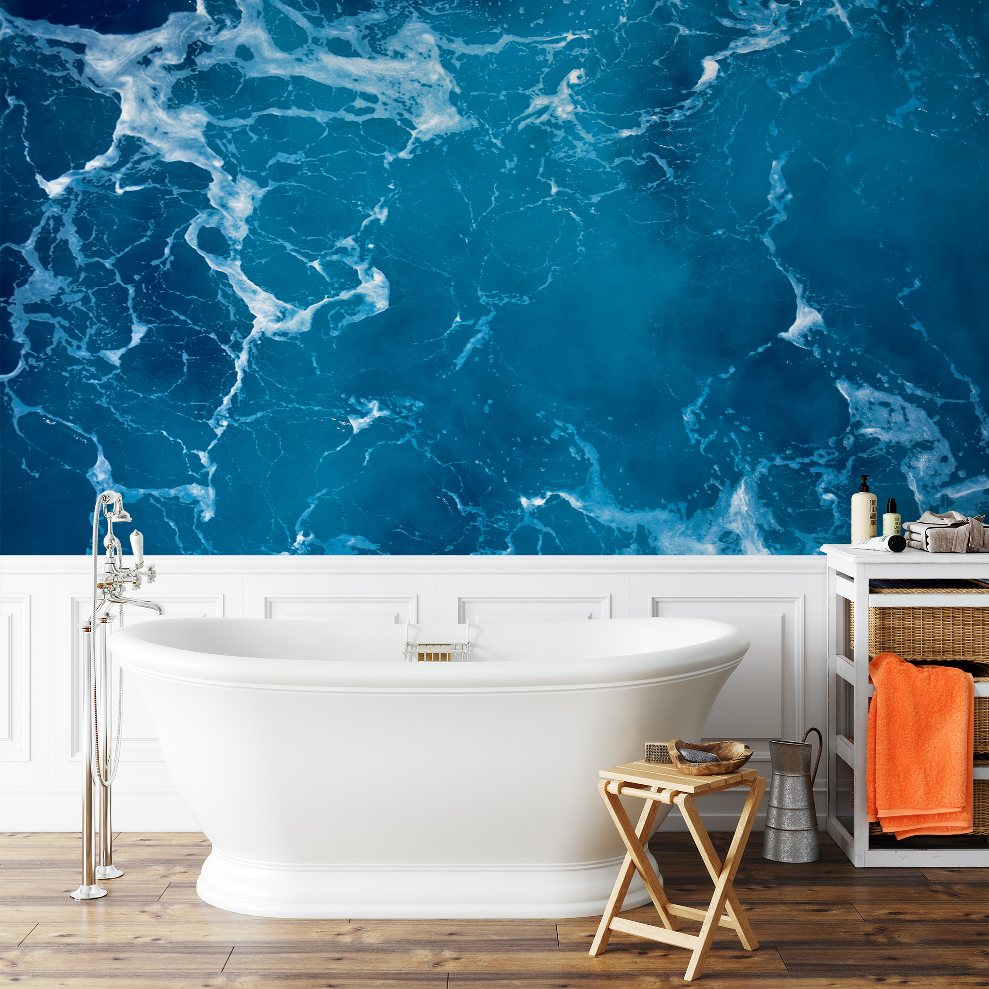 Modern Deep Blue Ocean Splash Peel and Stick Wallpaper, Nautical Sea Foam Bathroom Wall Mural