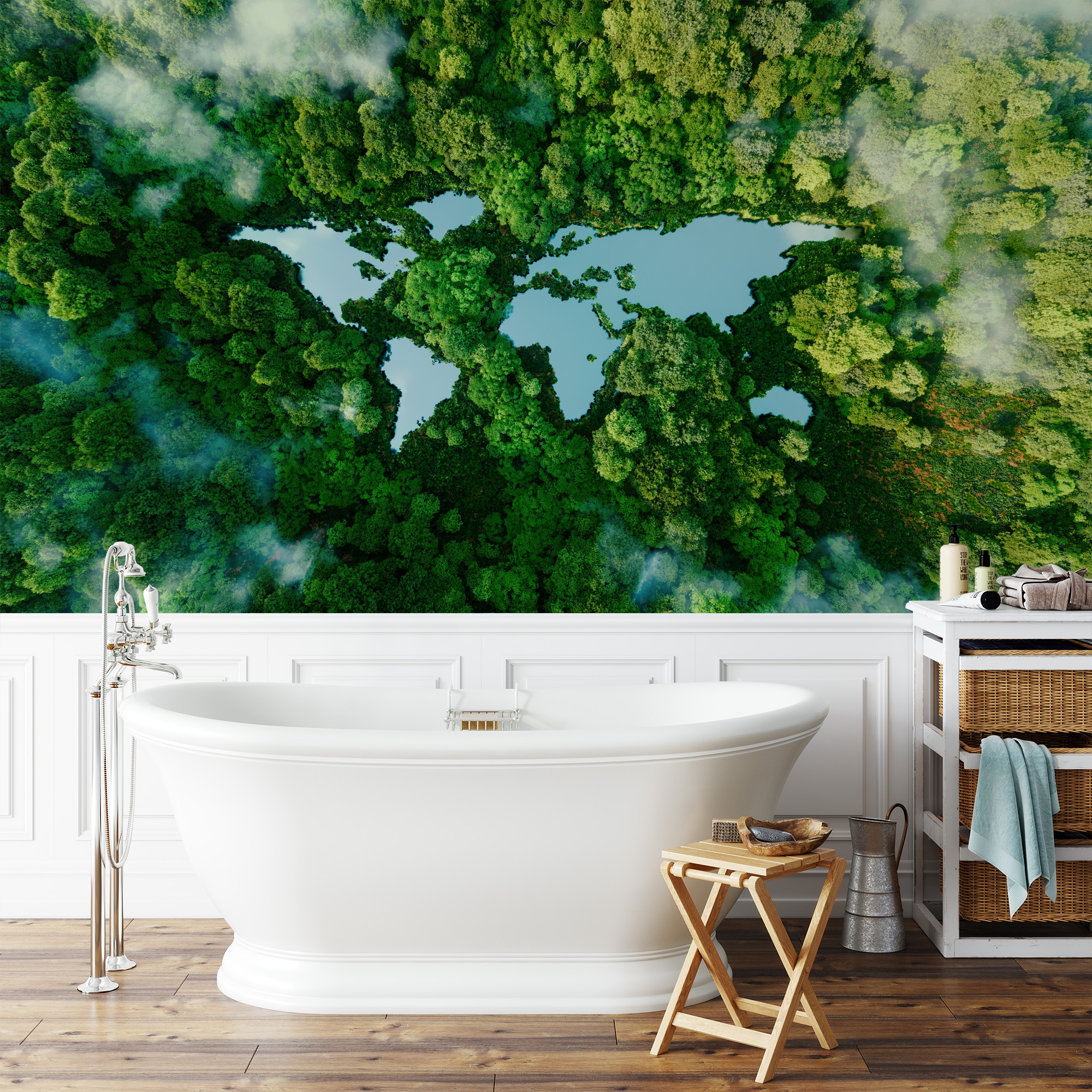 Modern Forest World Map Peel and Stick Wallpaper, Lush Green Global Nature Bathroom Wall Mural