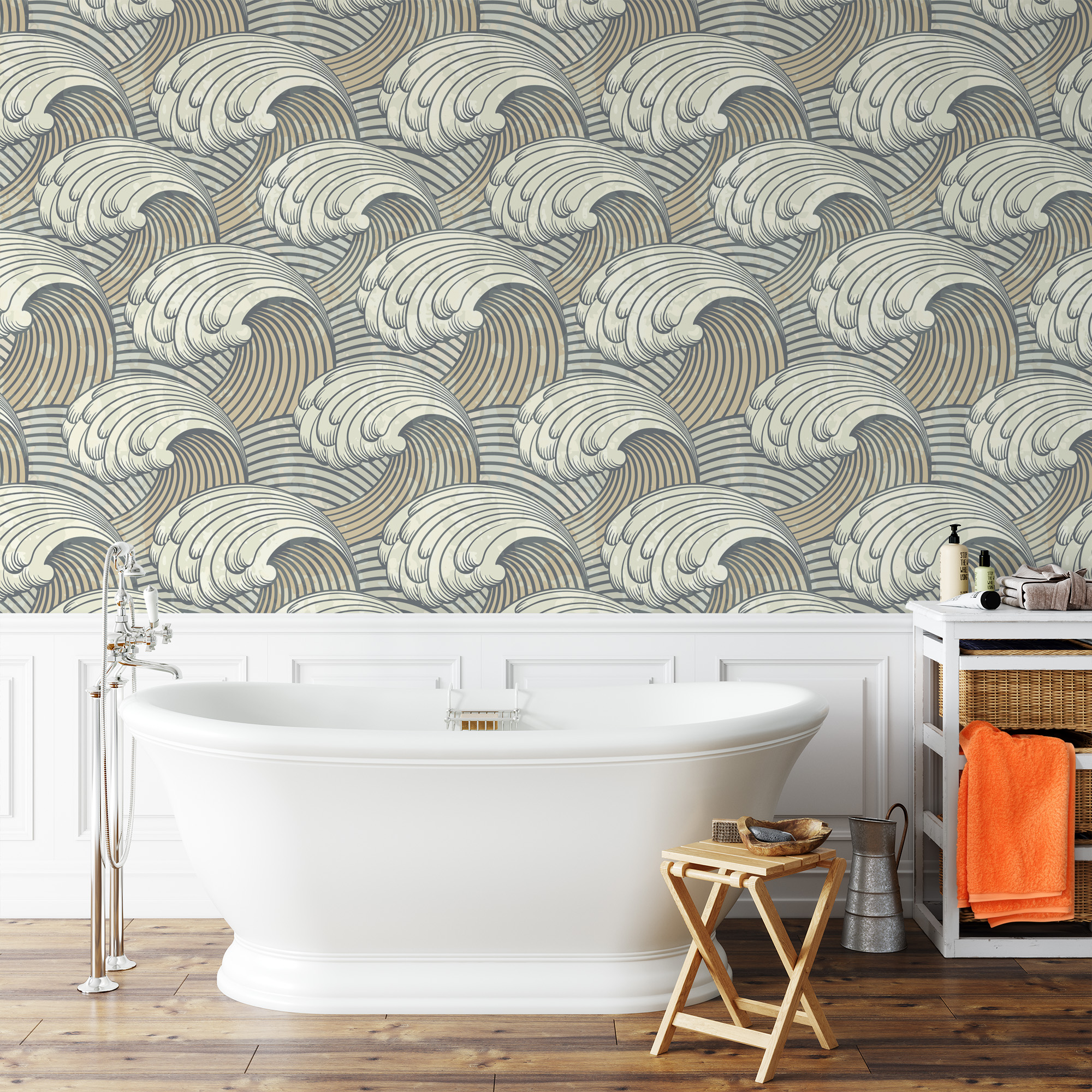 Muted Japanese Great Wave Peel and Stick Wallpaper, Zen Nautical Ocean Wall Mural, Traditional Ukiyo-e Style Dining Decor