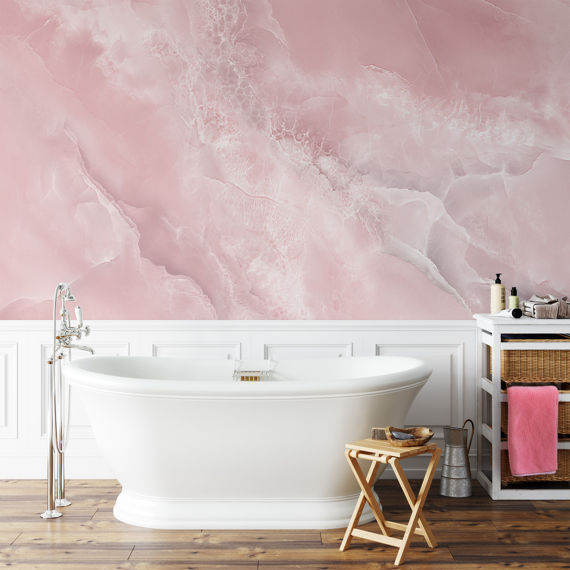 Blush Pink Onyx Marble Peel and Stick Wallpaper, Ethereal Rose Watercolor Faux Stone Mural, Elegant Glam Bathroom Decor
