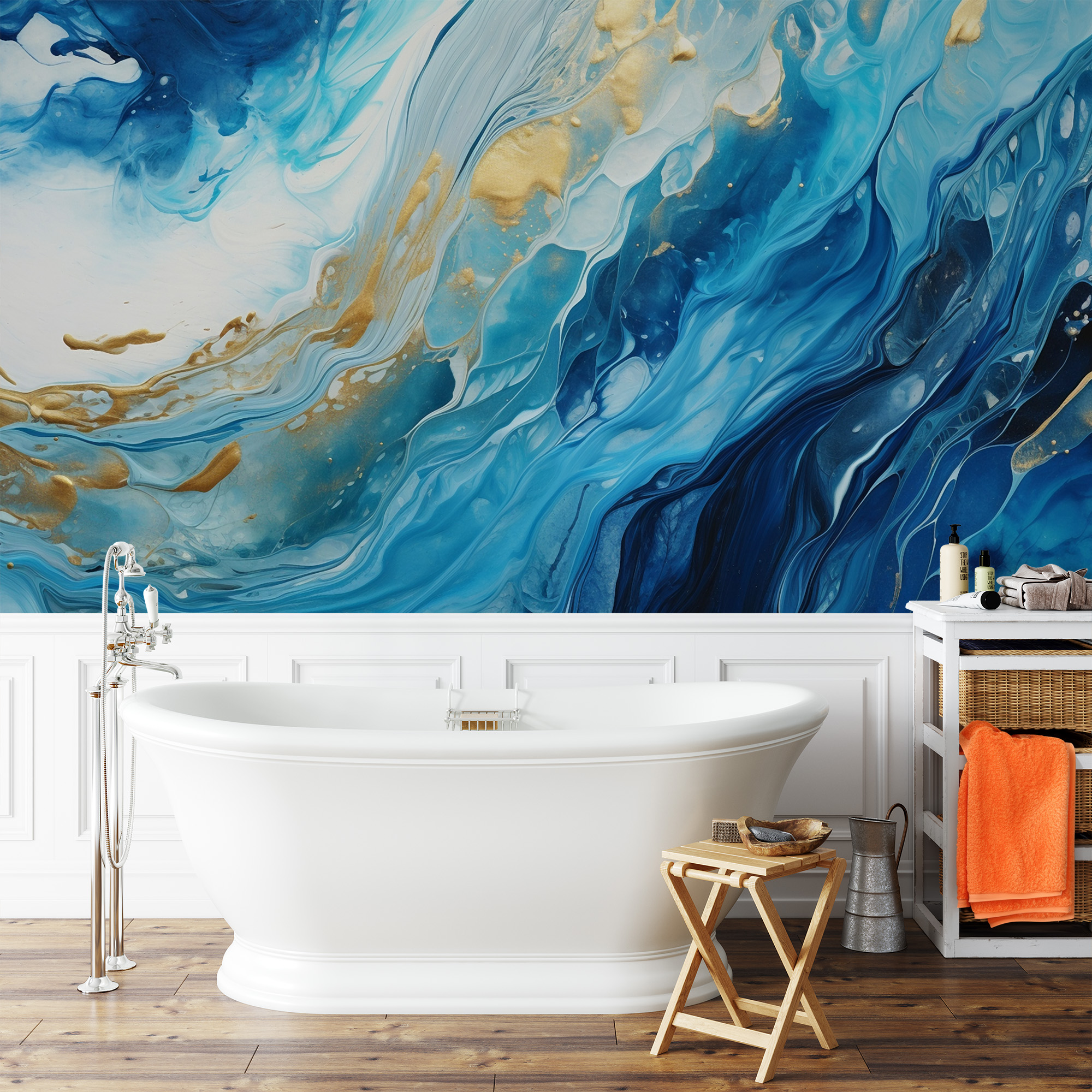 Luxury Azure and Gold Fluid Ink Peel and Stick Wallpaper, Abstract Ocean Blue Wall Mural, Modern Artistic Interior