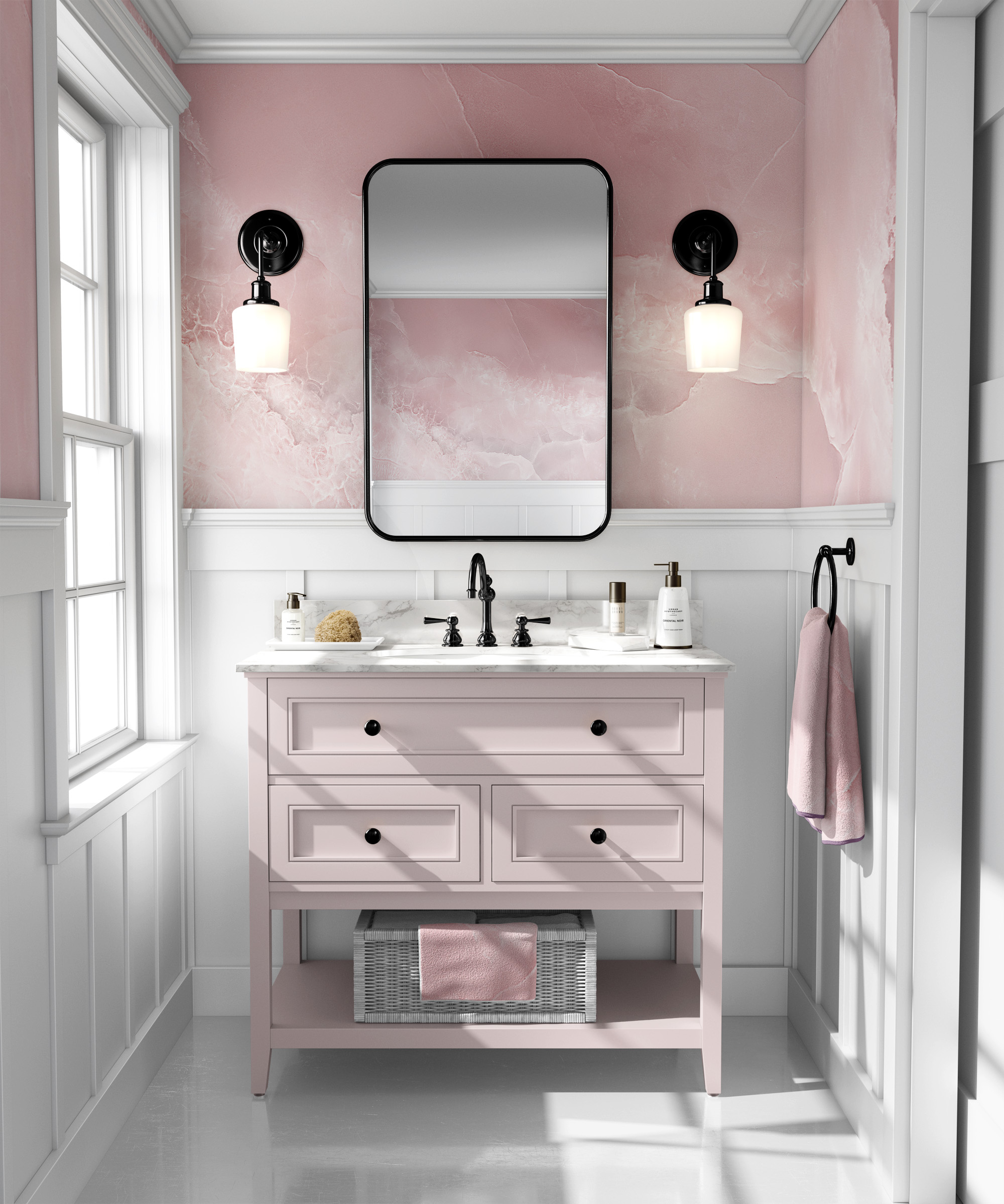 Blush Pink Onyx Marble Peel and Stick Wallpaper, Ethereal Rose Watercolor Faux Stone Mural, Elegant Glam Bathroom Decor