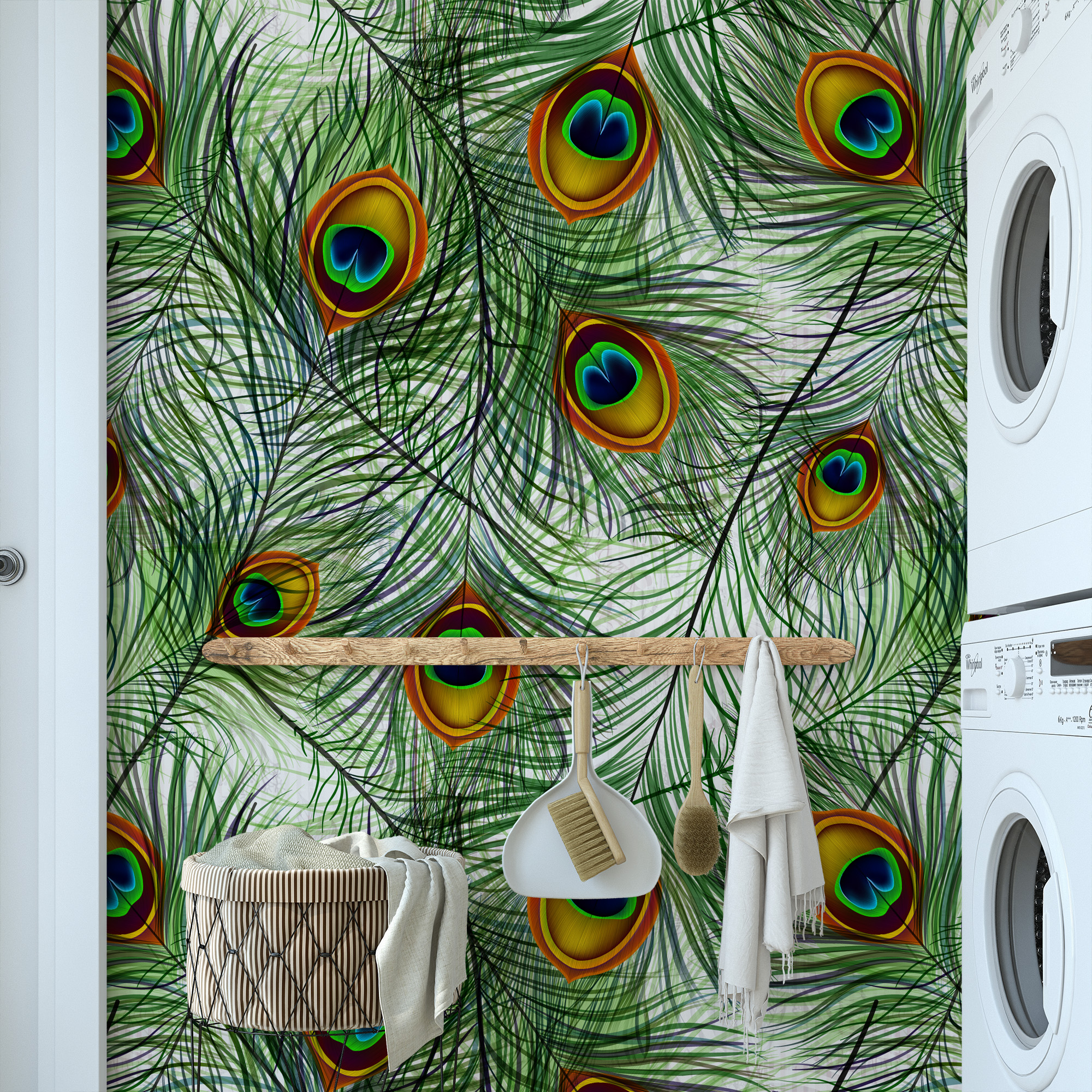 Vibrant Peacock Feather Peel and Stick Wallpaper, Bold Green Exotic Nature Wall Mural, Maximalist Bathroom Decor
