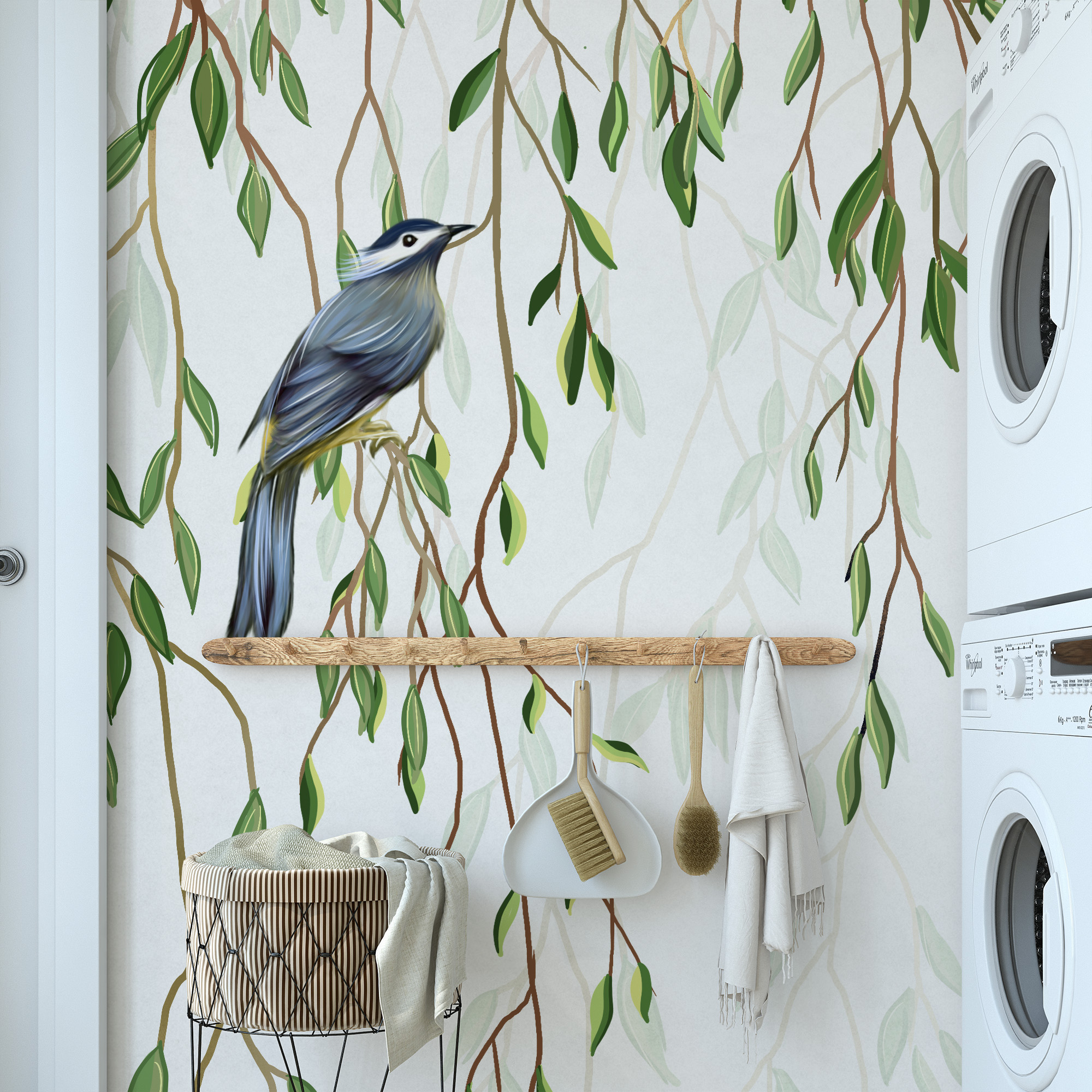 Watercolor Willow Branches and Birds Peel and Stick Wallpaper, Serene Nature Bathroom Wall Mural