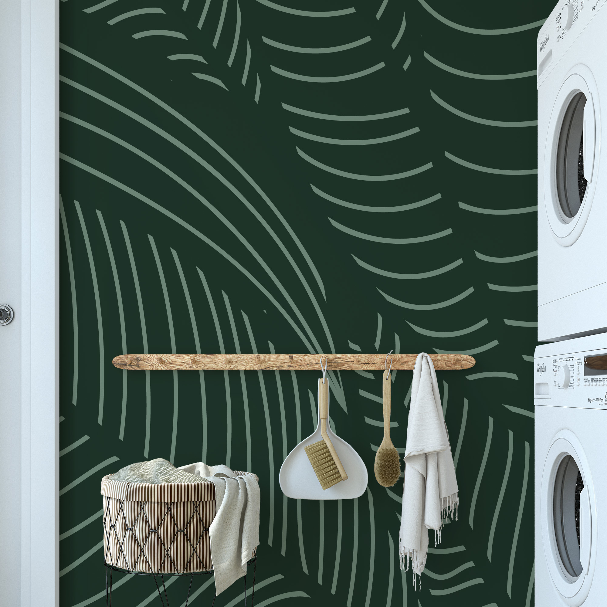 Luxury Deep Forest Green Tropical Leaf Line Art Peel and Stick Wallpaper, Modern Botanical Bathroom Wall Mural