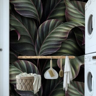 Moody Dark Tropical Leaves Botanical Peel and Stick Wallpaper, Bold Deep Green and Maroon Nature Wall Mural