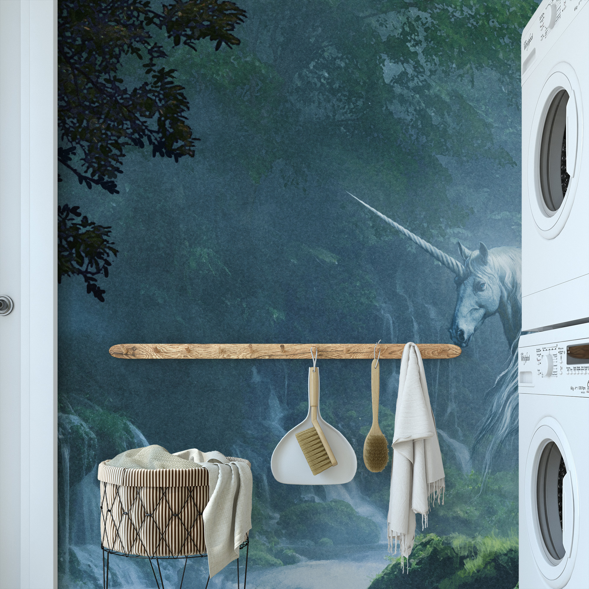 Modern Enchanted Unicorn and Waterfall Peel and Stick Wallpaper, Mystical Forest Nature Wall Mural