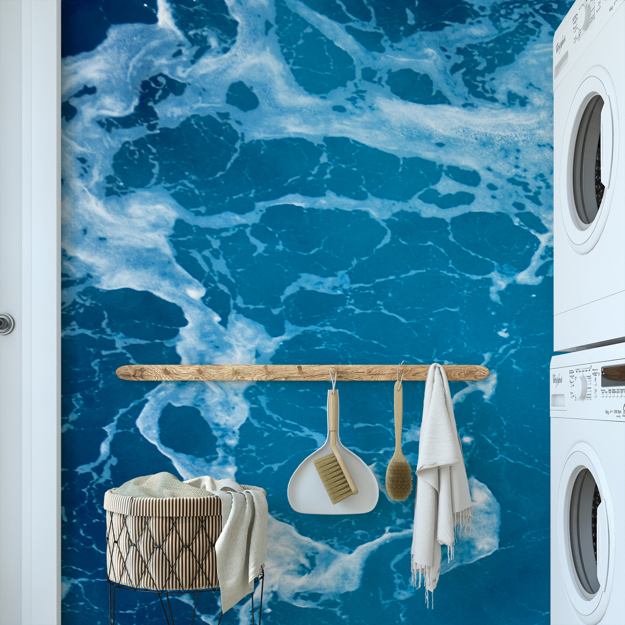 Modern Deep Blue Ocean Splash Peel and Stick Wallpaper, Nautical Sea Foam Bathroom Wall Mural