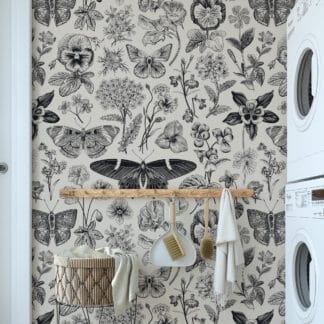 Vintage Botanical and Butterfly Sketch Peel and Stick Wallpaper, Black and White Meadow Floral Wall Mural, Retro Nature Wall Decor