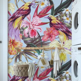 Vibrant Tropical Bird and Hibiscus Peel and Stick Wallpaper, Exotic Paradise Garden Wall Mural, Colorful Chinoiserie Nature Decor