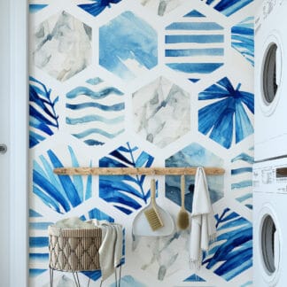 Blue Watercolor Hexagon Tropical Leaf Peel and Stick Wallpaper, Modern Coastal Geometric Wall Mural, Blue Palm Leaf Interior Decor