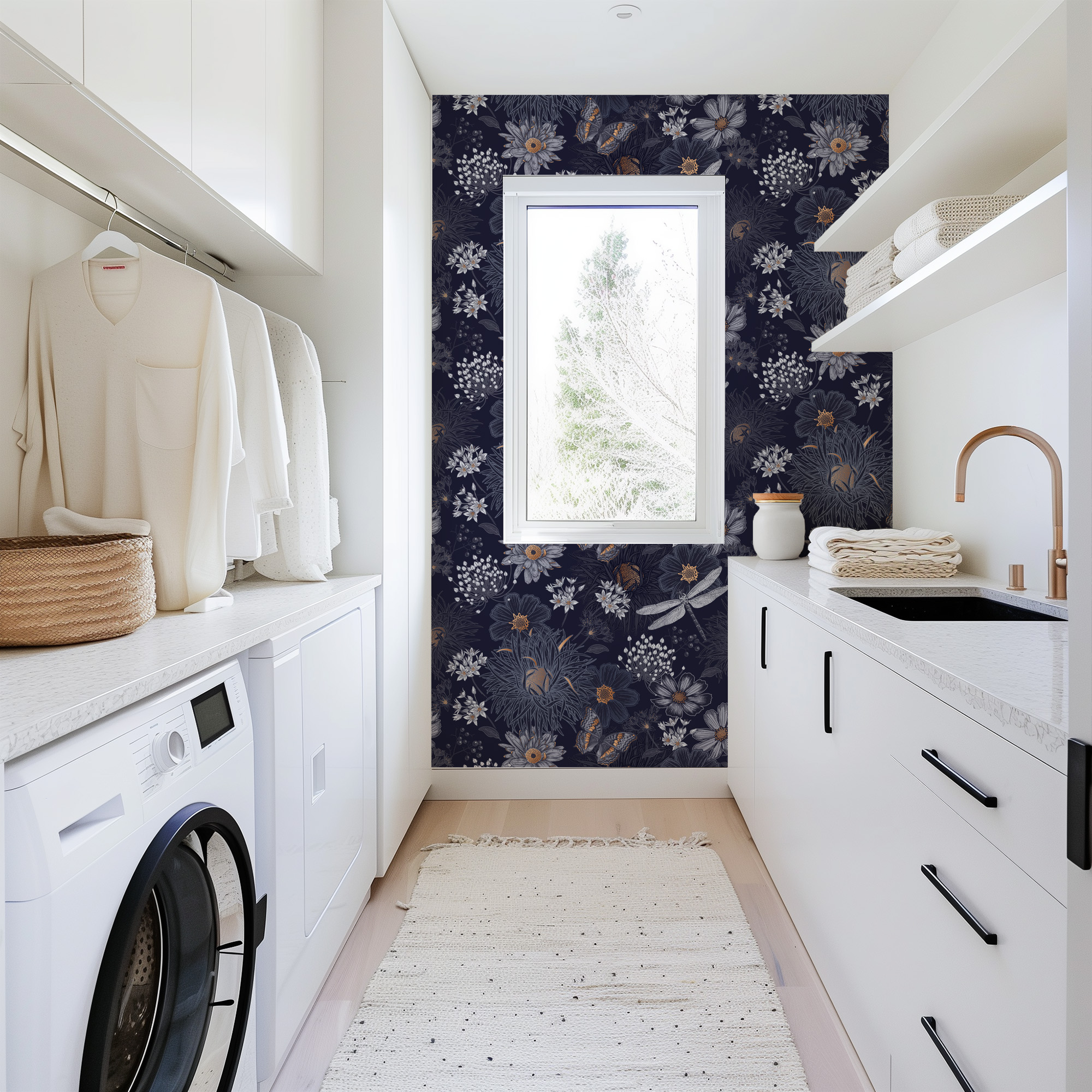 Moody Navy Butterfly and Dragonfly Peel and Stick Wallpaper, Mystical Dark Floral Wall Mural, Vintage Botanical Living Room Decor