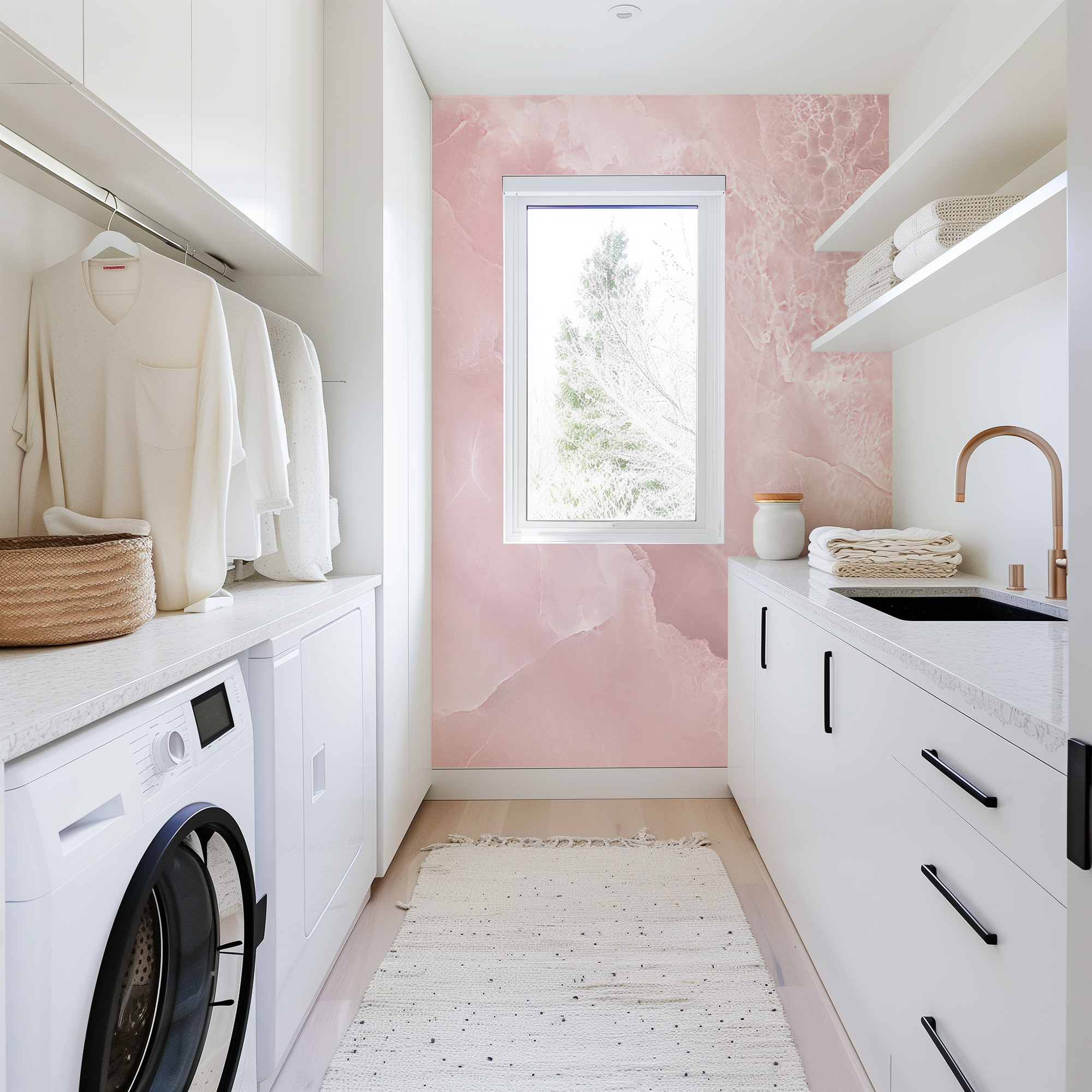 Blush Pink Onyx Marble Peel and Stick Wallpaper, Ethereal Rose Watercolor Faux Stone Mural, Elegant Glam Bathroom Decor