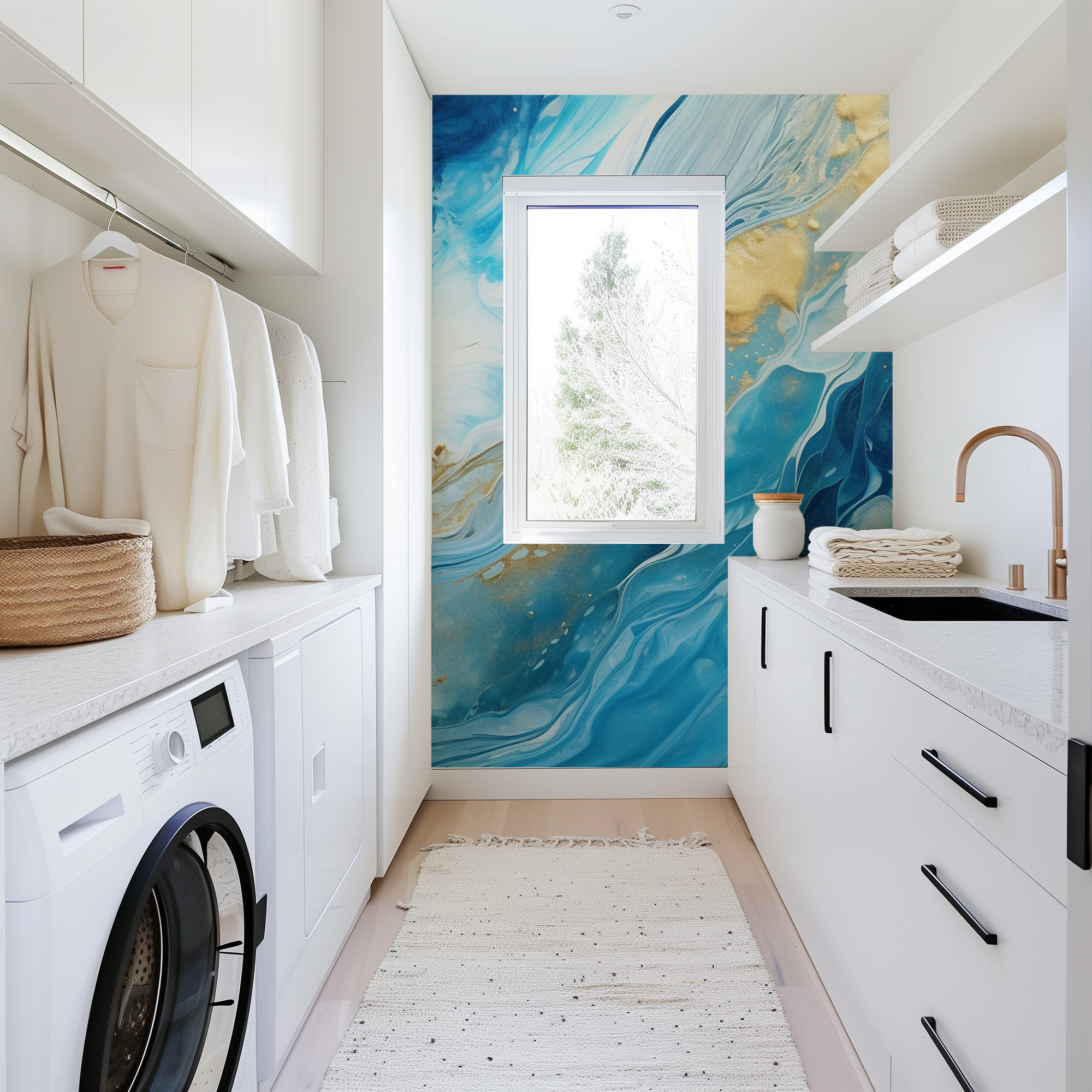 Luxury Azure and Gold Fluid Ink Peel and Stick Wallpaper, Abstract Ocean Blue Wall Mural, Modern Artistic Interior