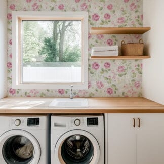 Romantic Pink Rose and Jasmine Peel and Stick Wallpaper, Vintage Shabby Chic Floral Wall Mural, Soft Botanical Bedroom Decor