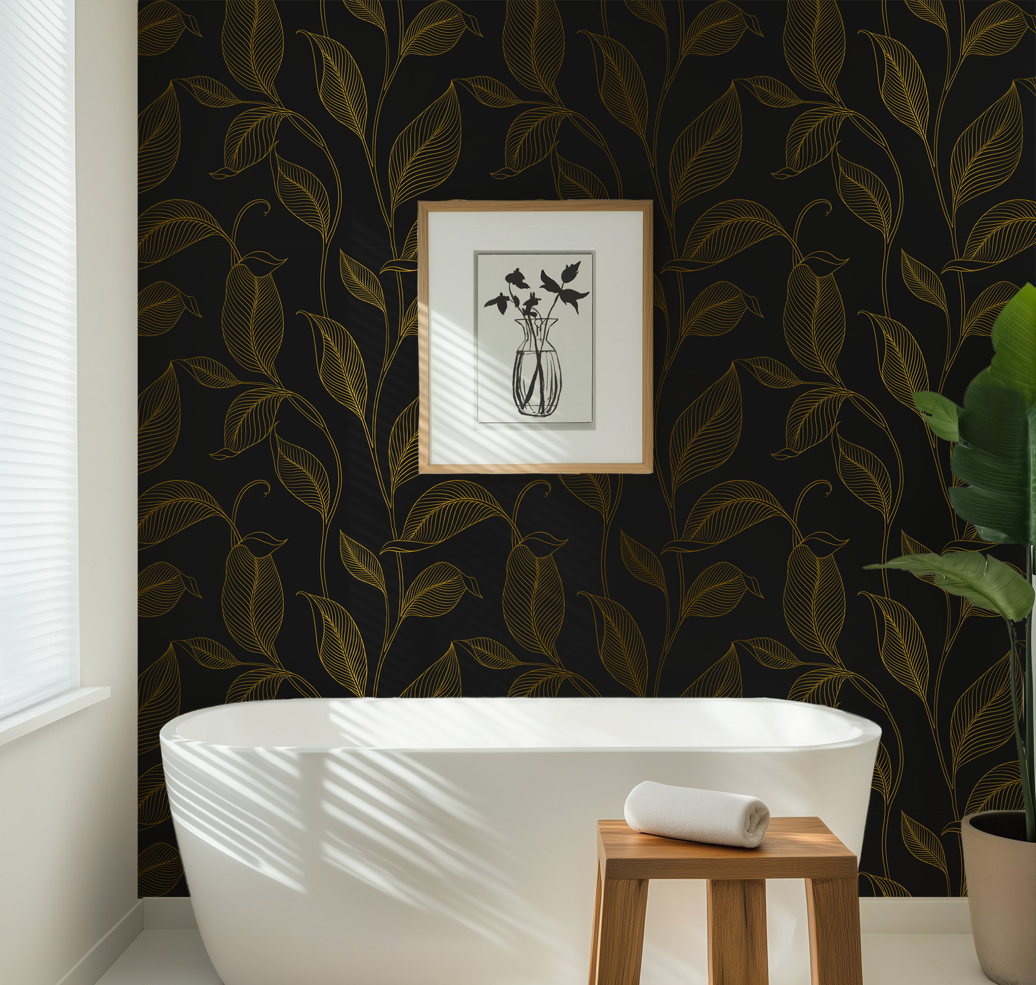 Luxury Black and Gold Botanical Leaf Line Art Peel and Stick Wallpaper, Modern Nature Living Room Wall Mural