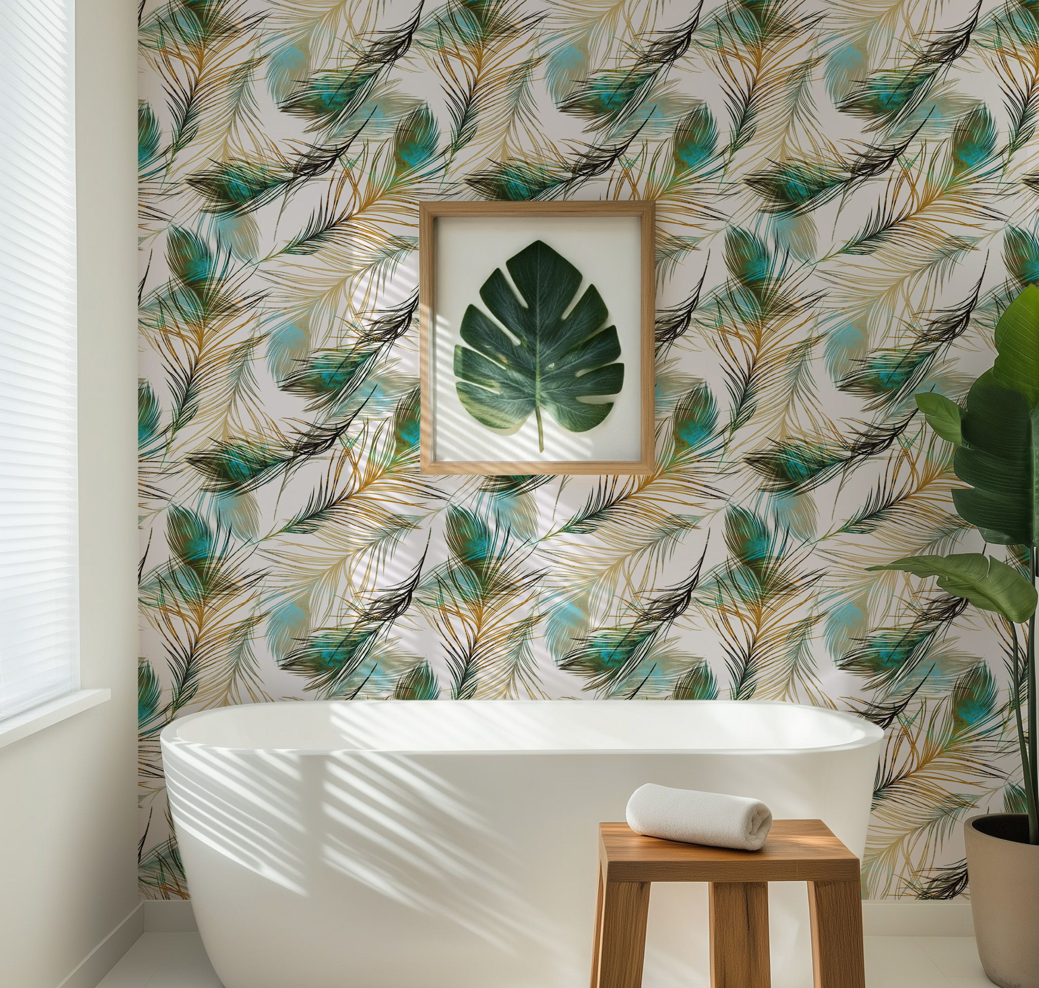 Modern Peacock Feather Peel and Stick Wallpaper, Elegant Teal and Gold Botanical Wall Mural