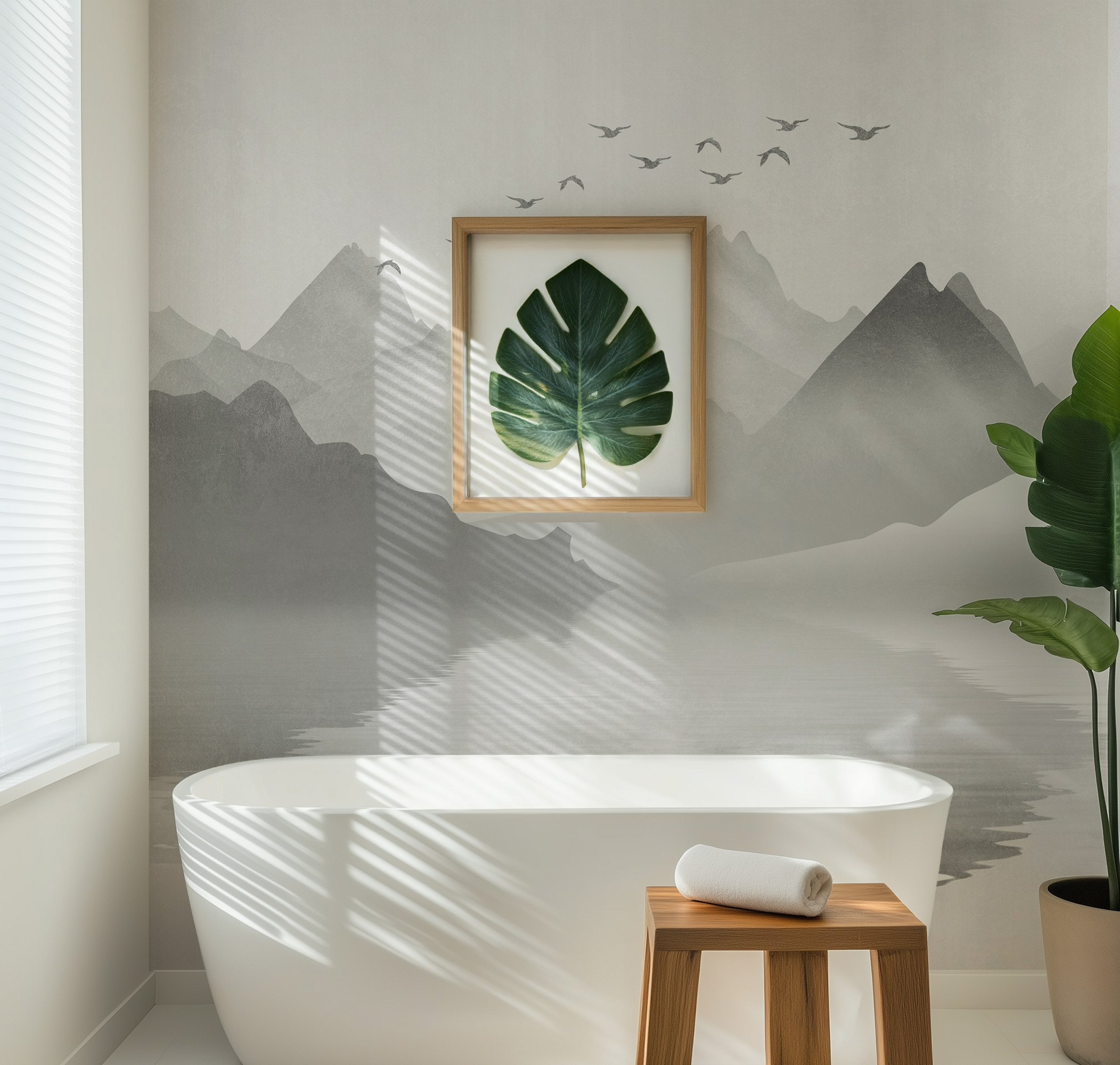 Modern Misty Mountain Lake Peel and Stick Wallpaper, Serene Sepia Nature Living Room Wall Mural